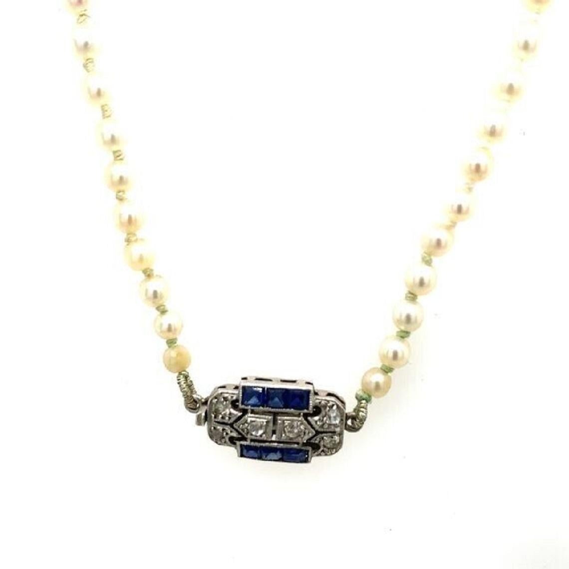 Round Cut Vintage Graduated Cultured Pearl Necklace with Diamond & Sapphires For Sale
