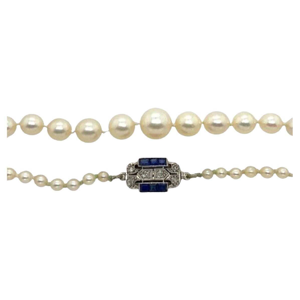 Vintage Graduated Cultured Pearl Necklace with Diamond & Sapphires For Sale