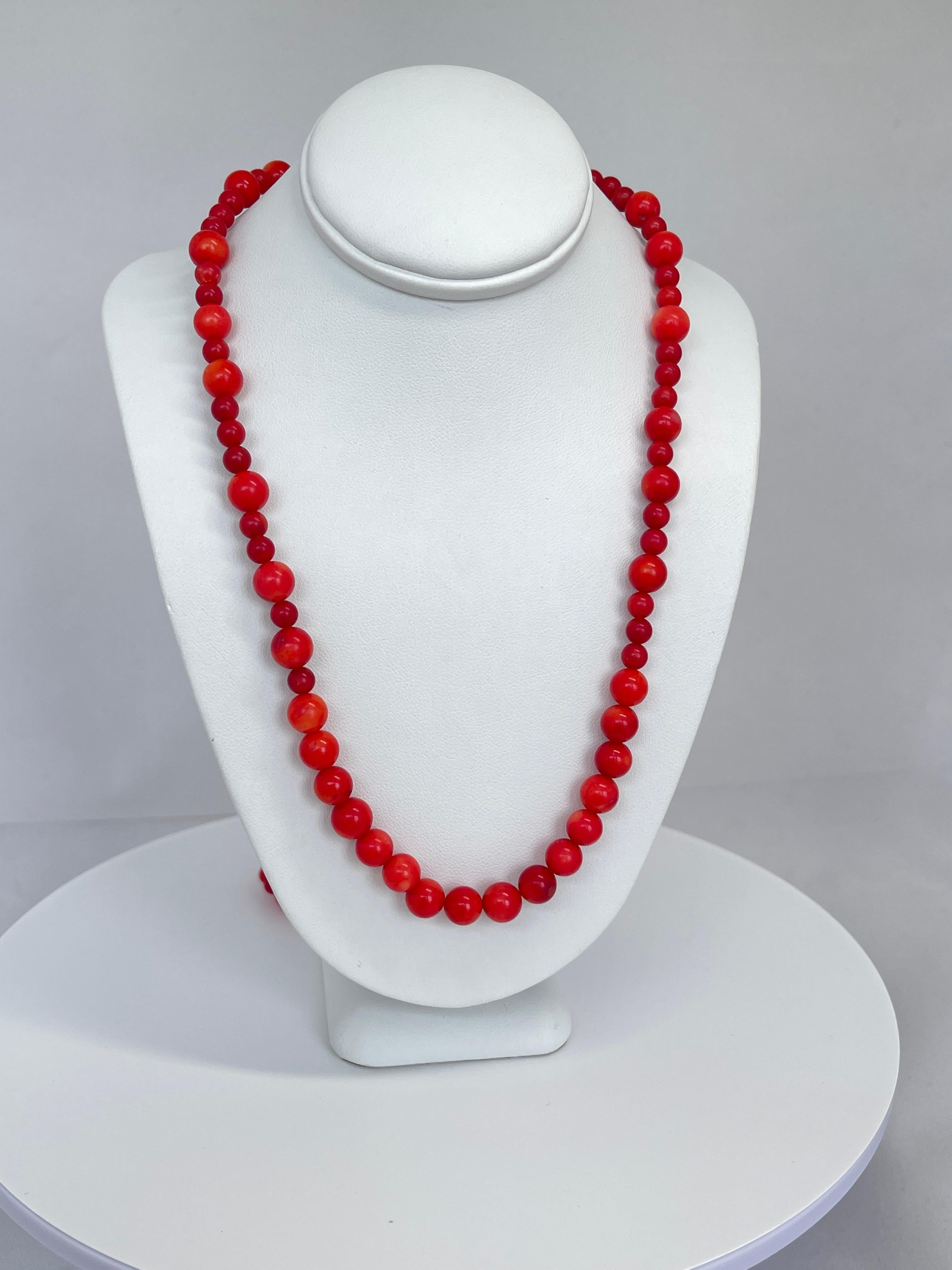 Retro Vintage Graduating Genuine Red Coral Bead Strand Necklace Circa 1950s For Sale