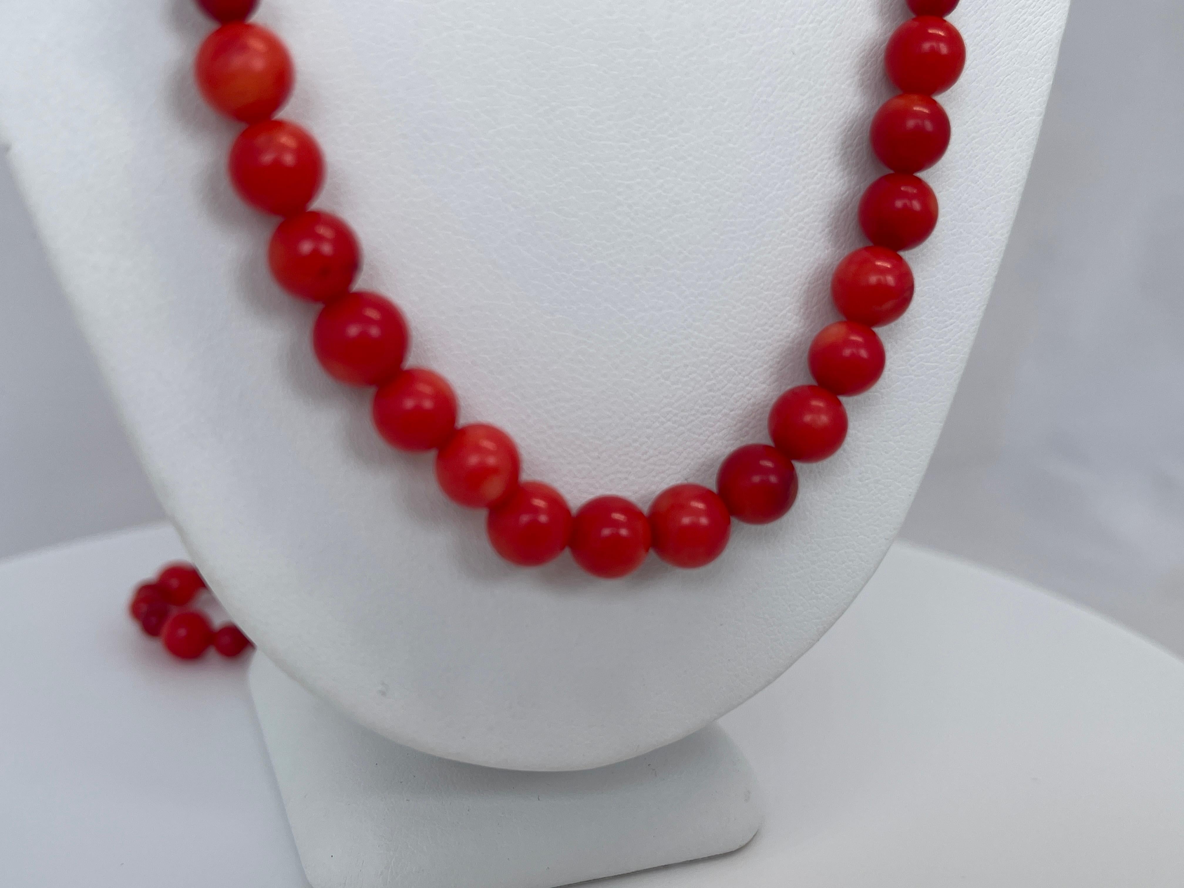Round Cut Vintage Graduating Genuine Red Coral Bead Strand Necklace Circa 1950s For Sale
