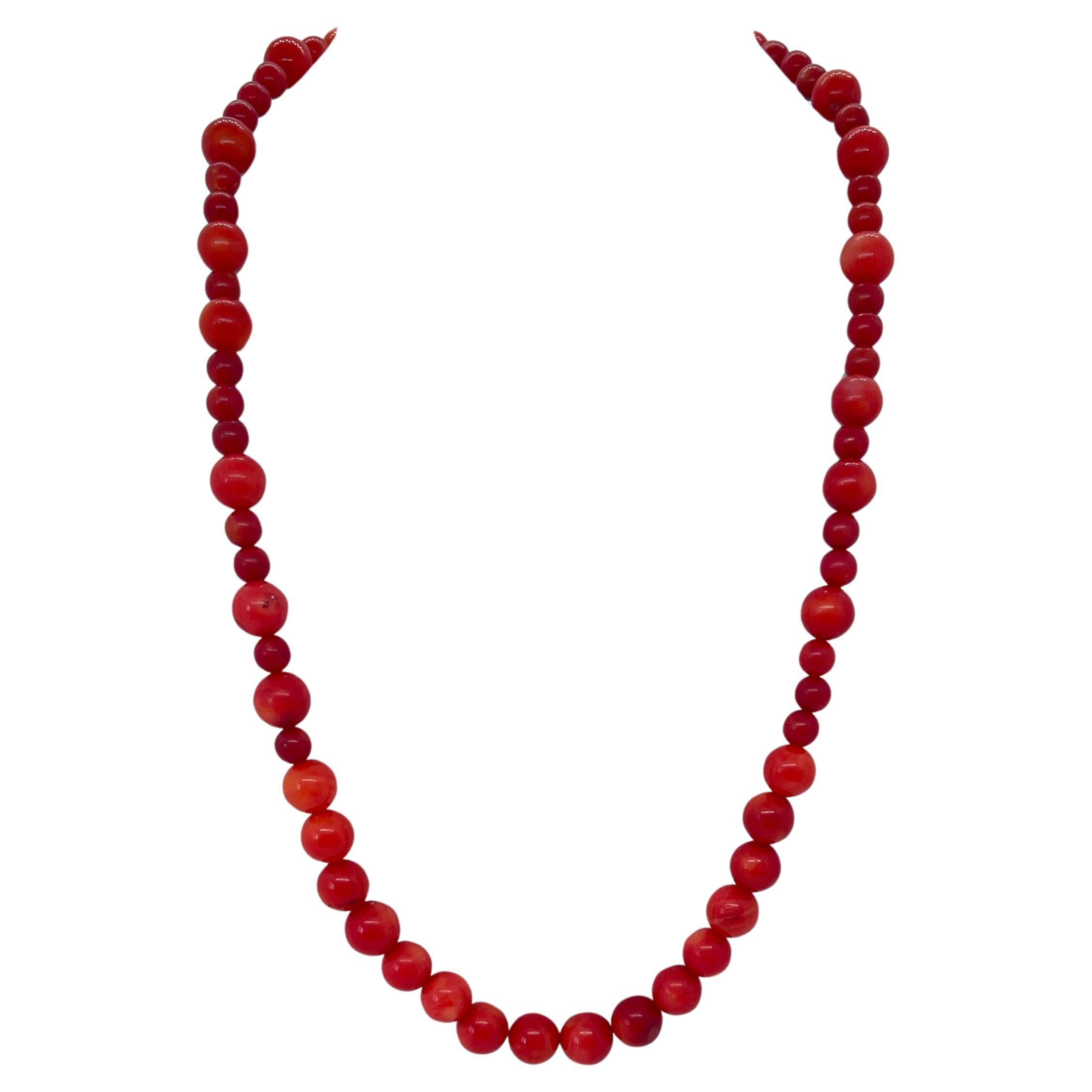 Vintage Graduating Genuine Red Coral Bead Strand Necklace Circa 1950s For Sale