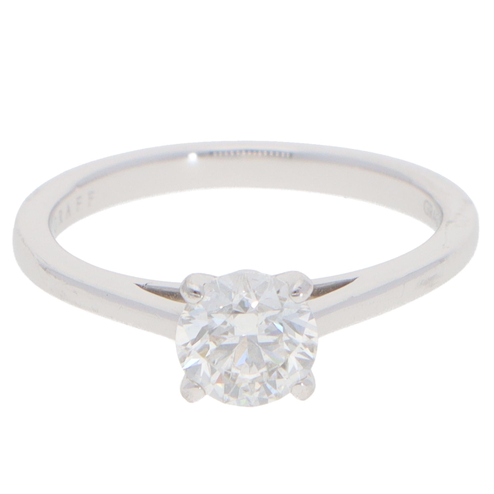 An elegant vintage Graff Paragon diamond solitaire ring set in platinum.

From the current Graff Paragon collection, the piece solely features a beautiful round brilliant-cut diamond. The diamond is four-claw set to centre within a V-shaped double
