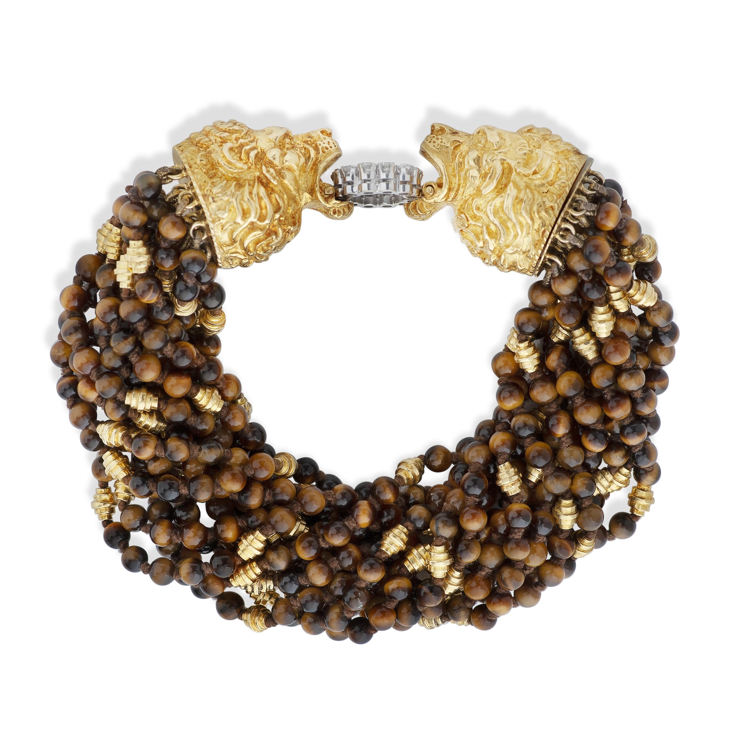 Vintage Graff Tiger's Eye Bead and Diamond Bracelet with 18KY Lion’s ...