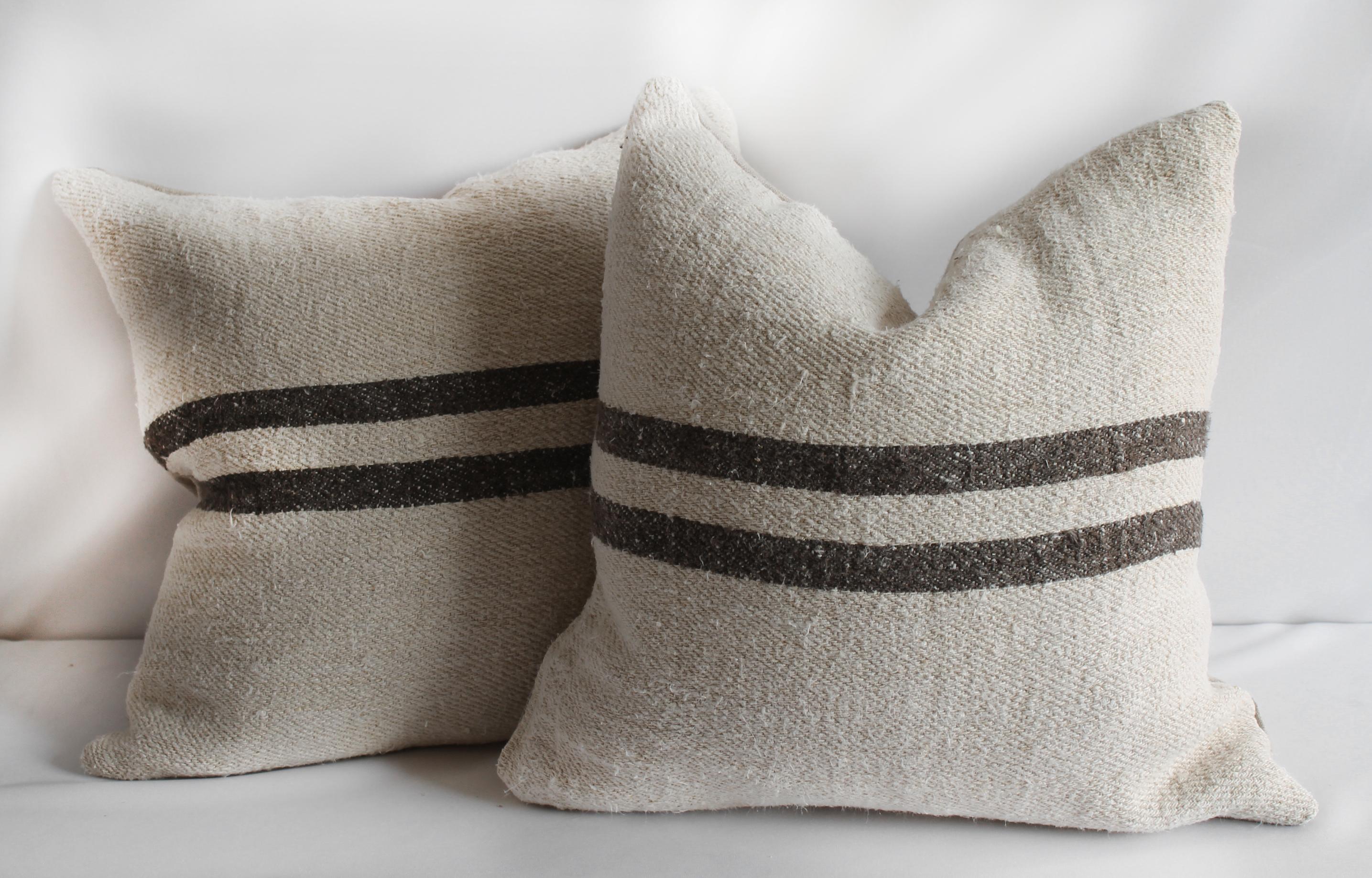 Minimalist Vintage Grainsack and Linen Pillows with Dark Brown Stripes