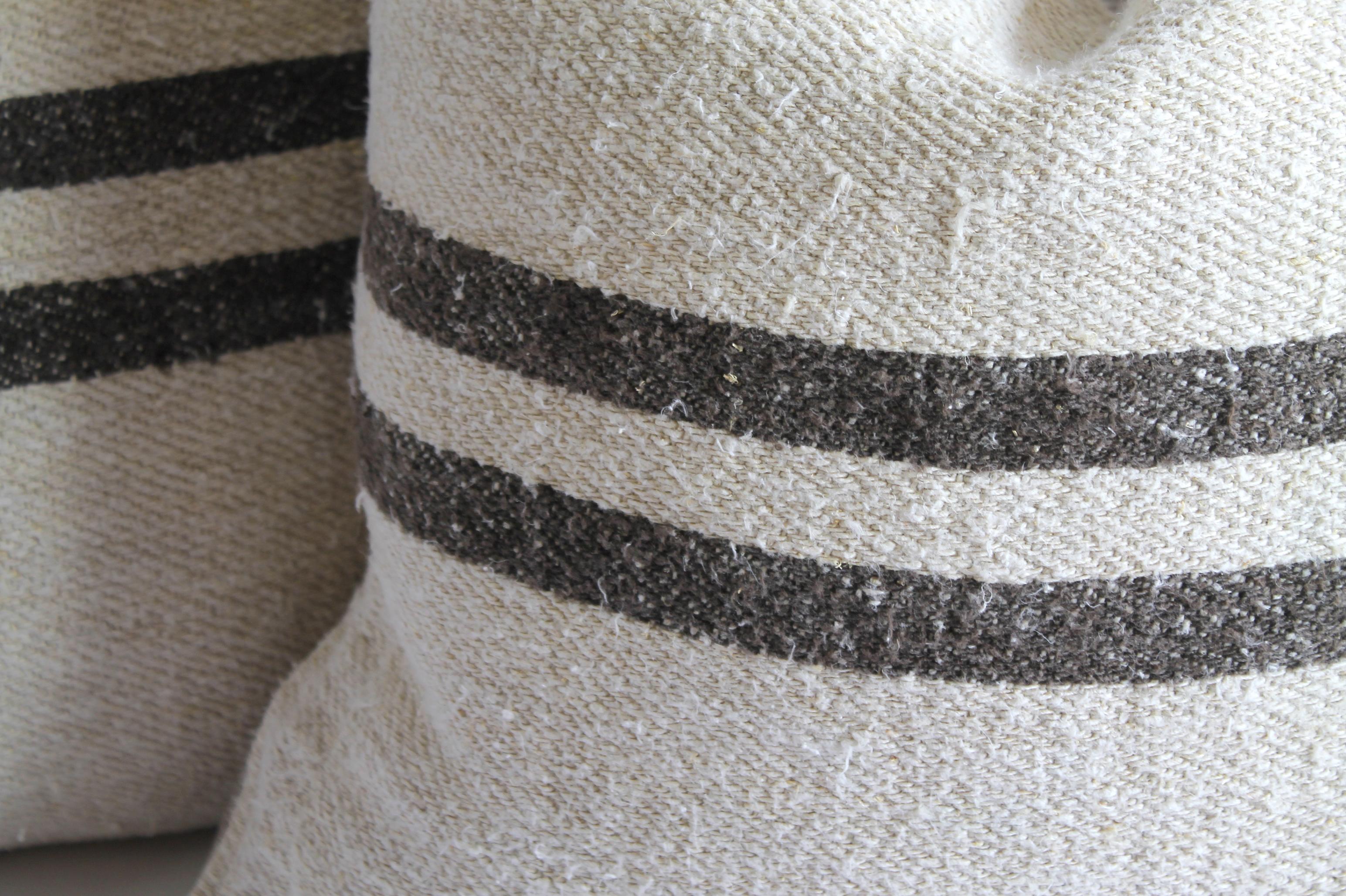 Vintage Grainsack and Linen Pillows with Dark Brown Stripes In Excellent Condition In Brea, CA