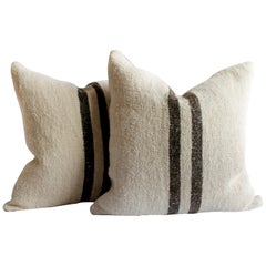 Vintage Grainsack and Linen Pillows with Dark Brown Stripes