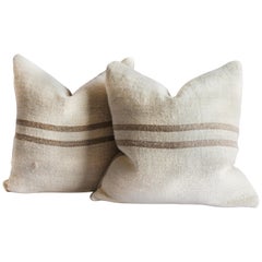 Vintage Grainsack and Linen Pillows with Light Brown Stripes
