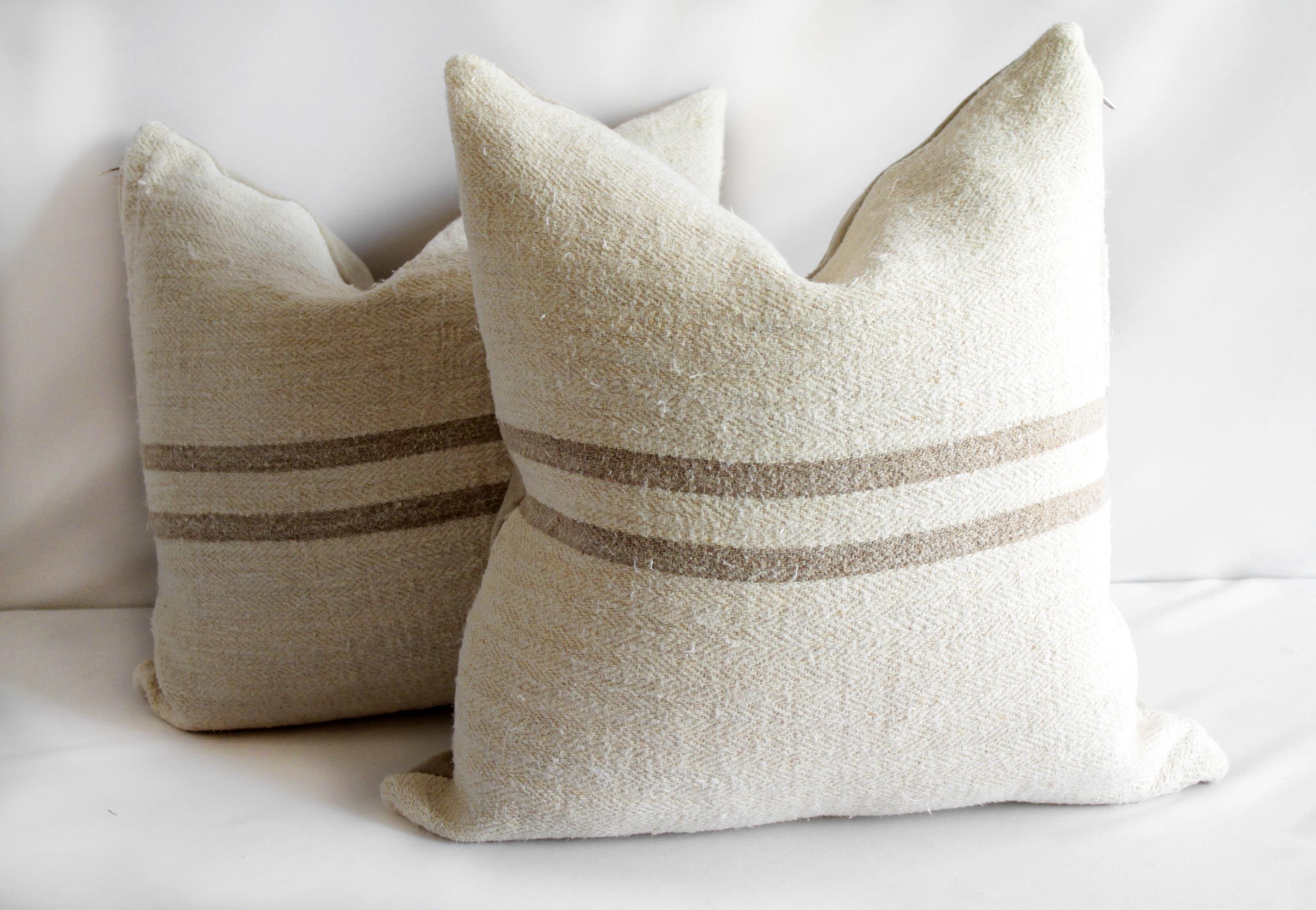 Vintage Grainsack and Linen Pillows with Light Brown Vertical Stripes In Excellent Condition In Brea, CA