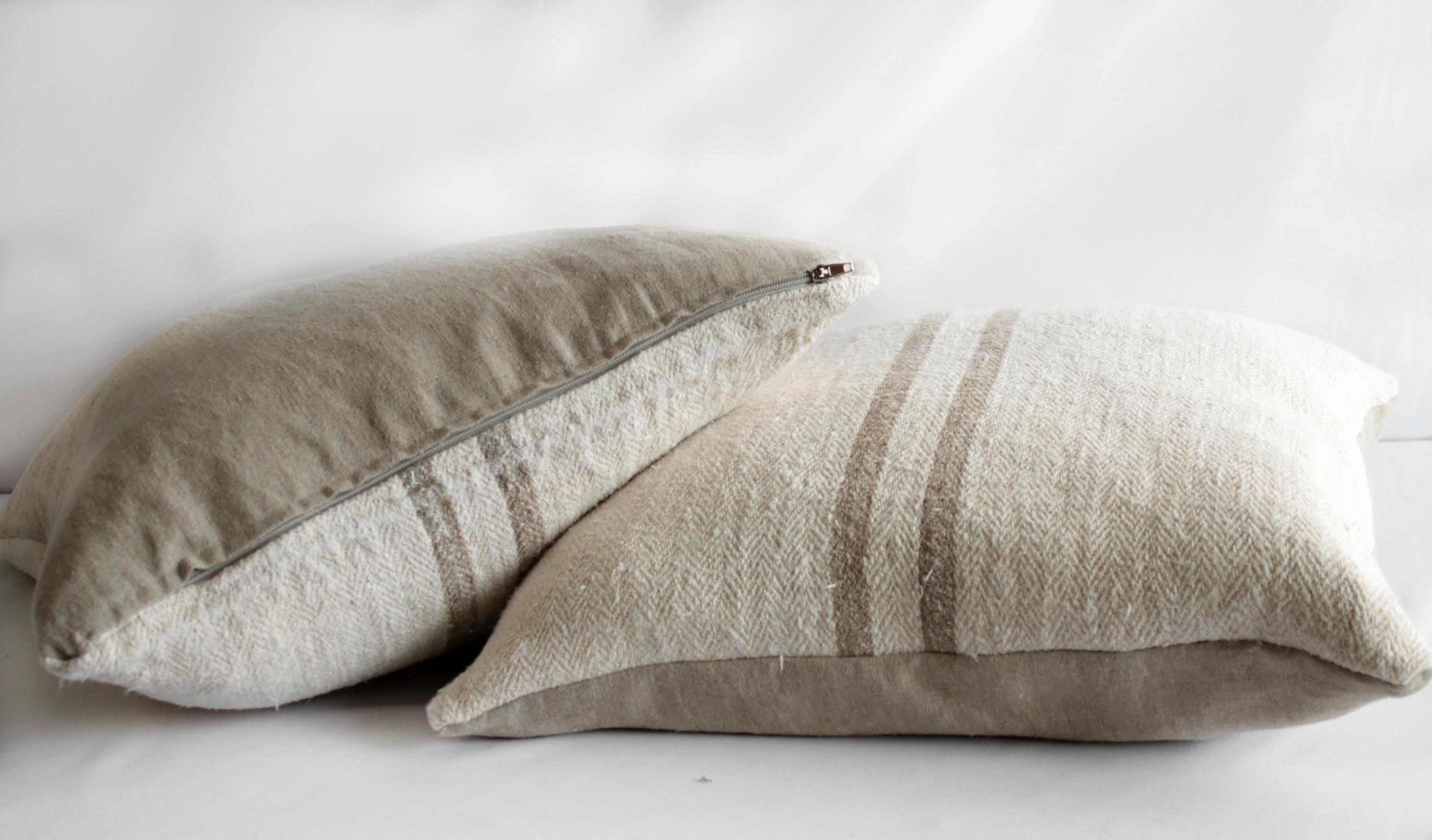 20th Century Vintage Grainsack and Linen Pillows with Light Brown Vertical Stripes