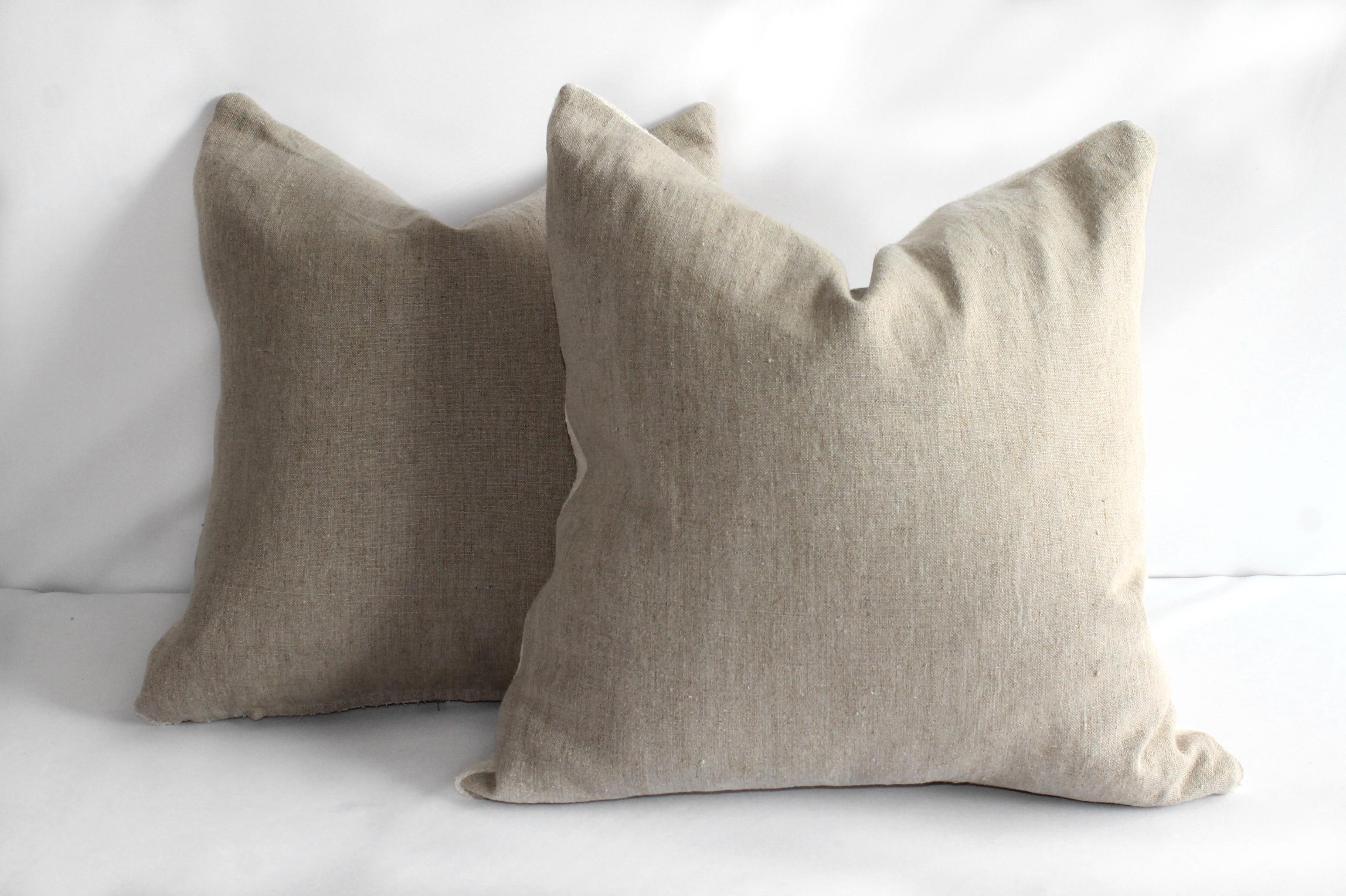 Vintage Grainsack and Linen Pillows with Light Brown Vertical Stripes 1