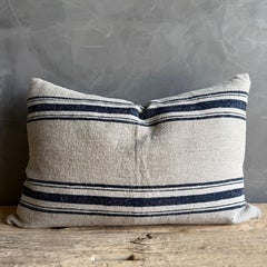 Vintage Grainsack Flax and Indigo Stripe Lumbar Pillow with Down Insert