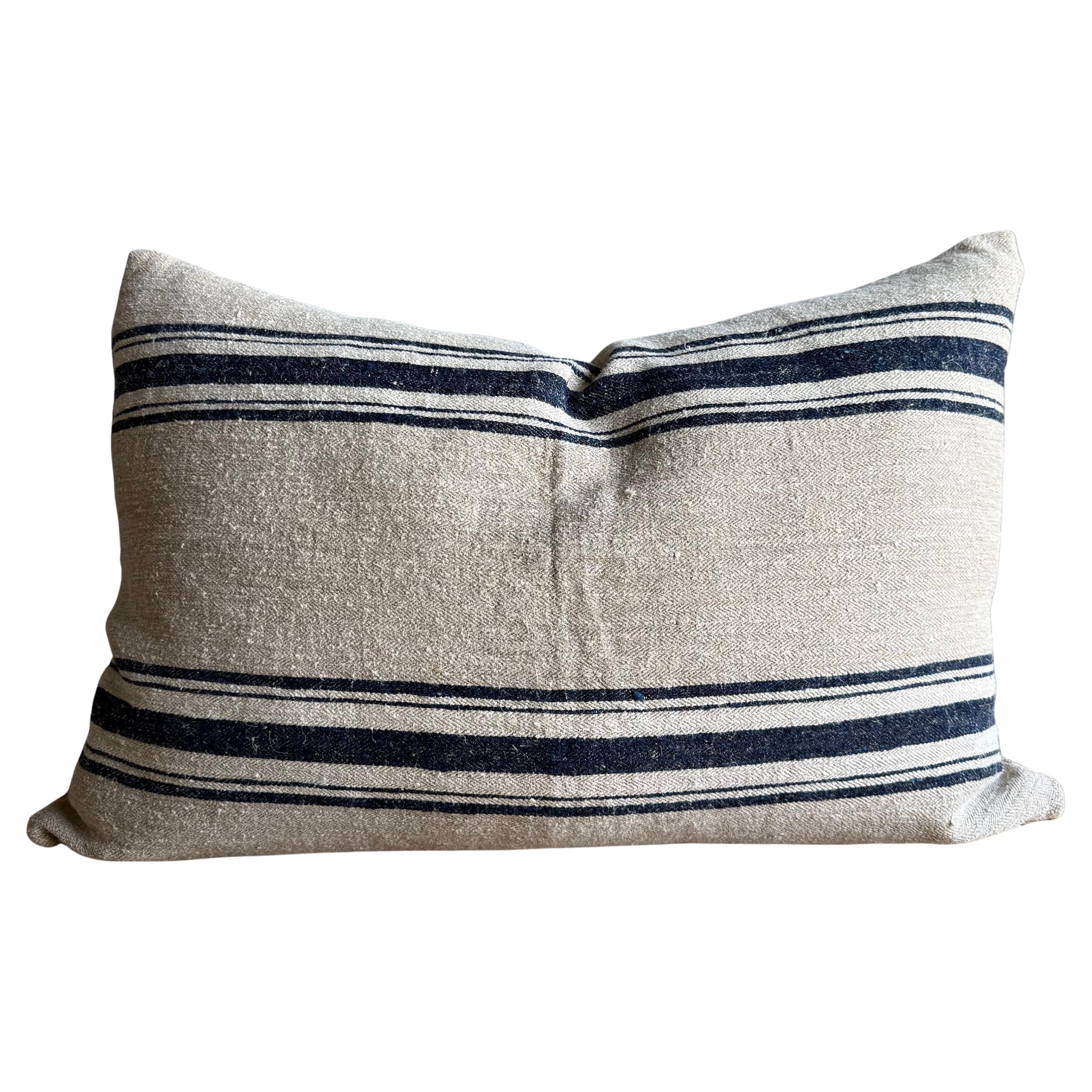 Vintage Grainsack Flax and Indigo Stripe Lumbar Pillow with Down Insert