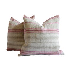 Vintage Grainsack Linen Stripe Pillows in Natural Tones with Pink Stripes