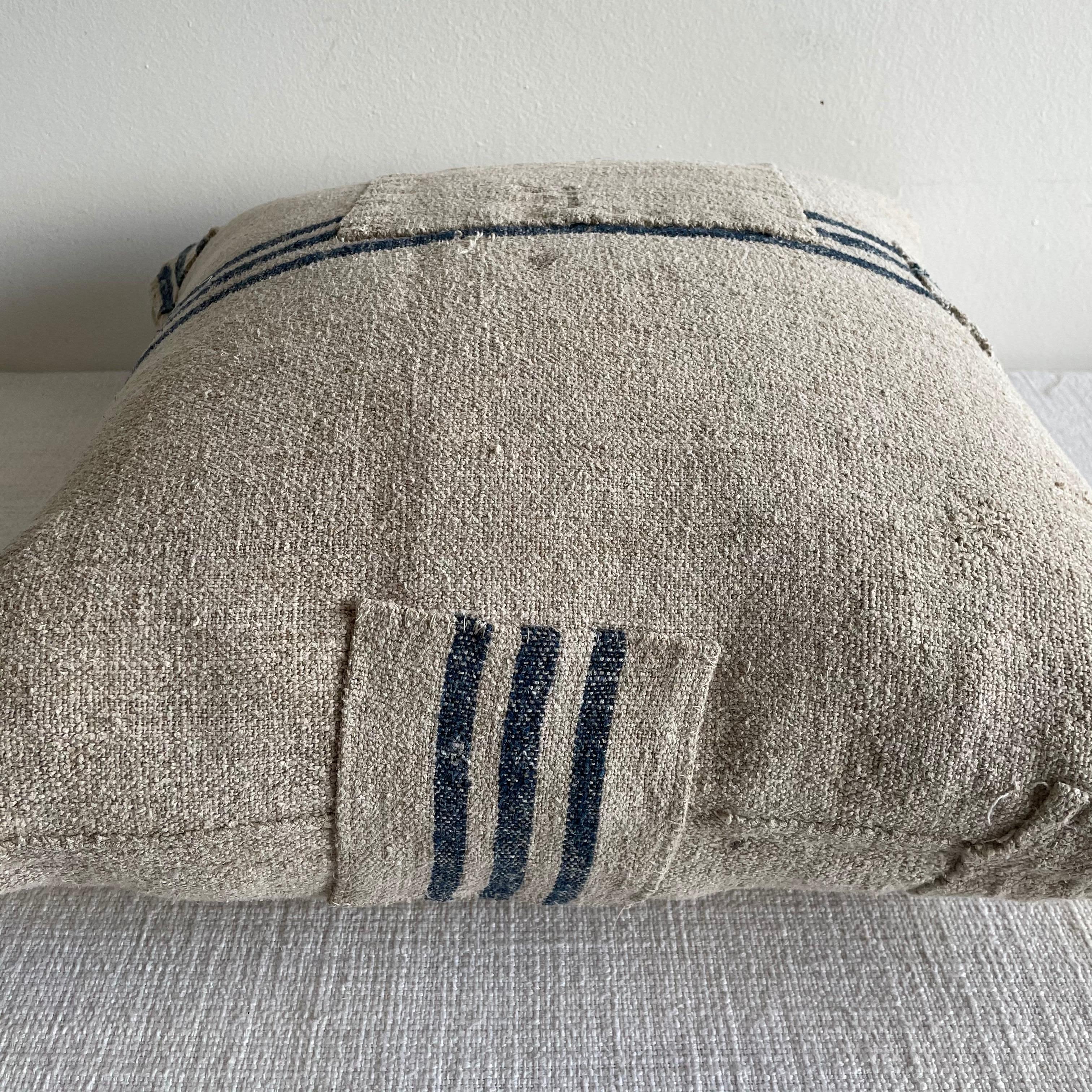 Vintage Grainsack Pillow with Indigo Stripe In Good Condition In Brea, CA