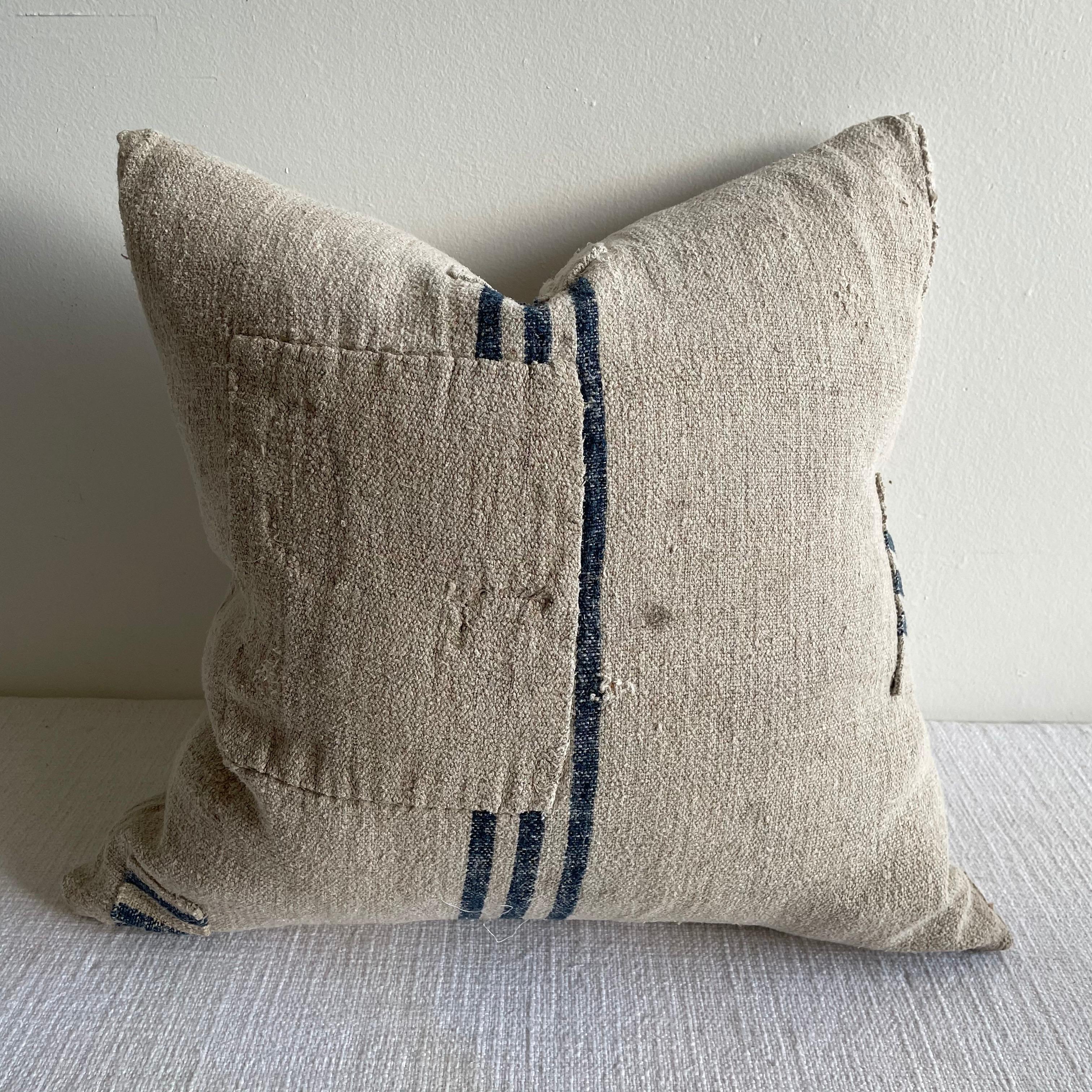 Hemp Vintage Grainsack Pillow with Indigo Stripe