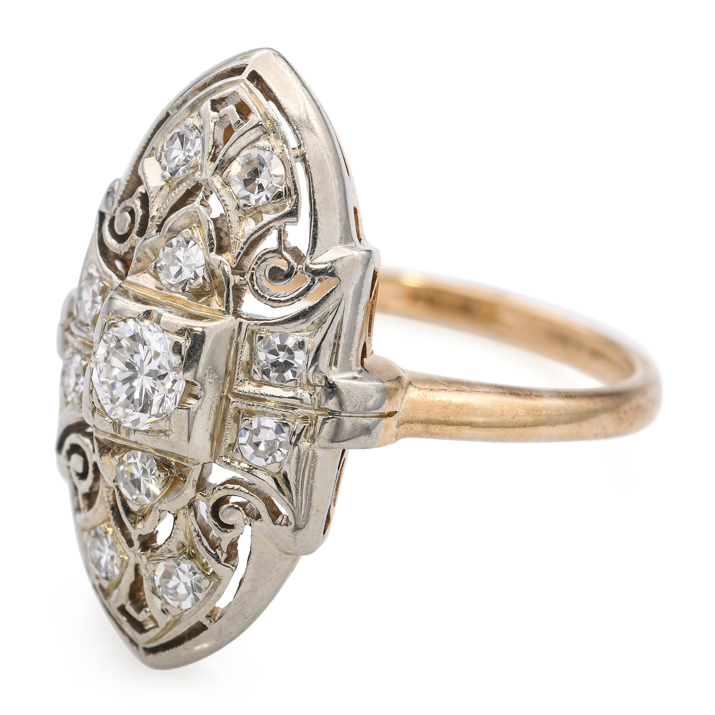 Vintage Granat Bros 14k Yellow and 18k White Gold Diamond Dinner Ring In Good Condition For Sale In New York, NY