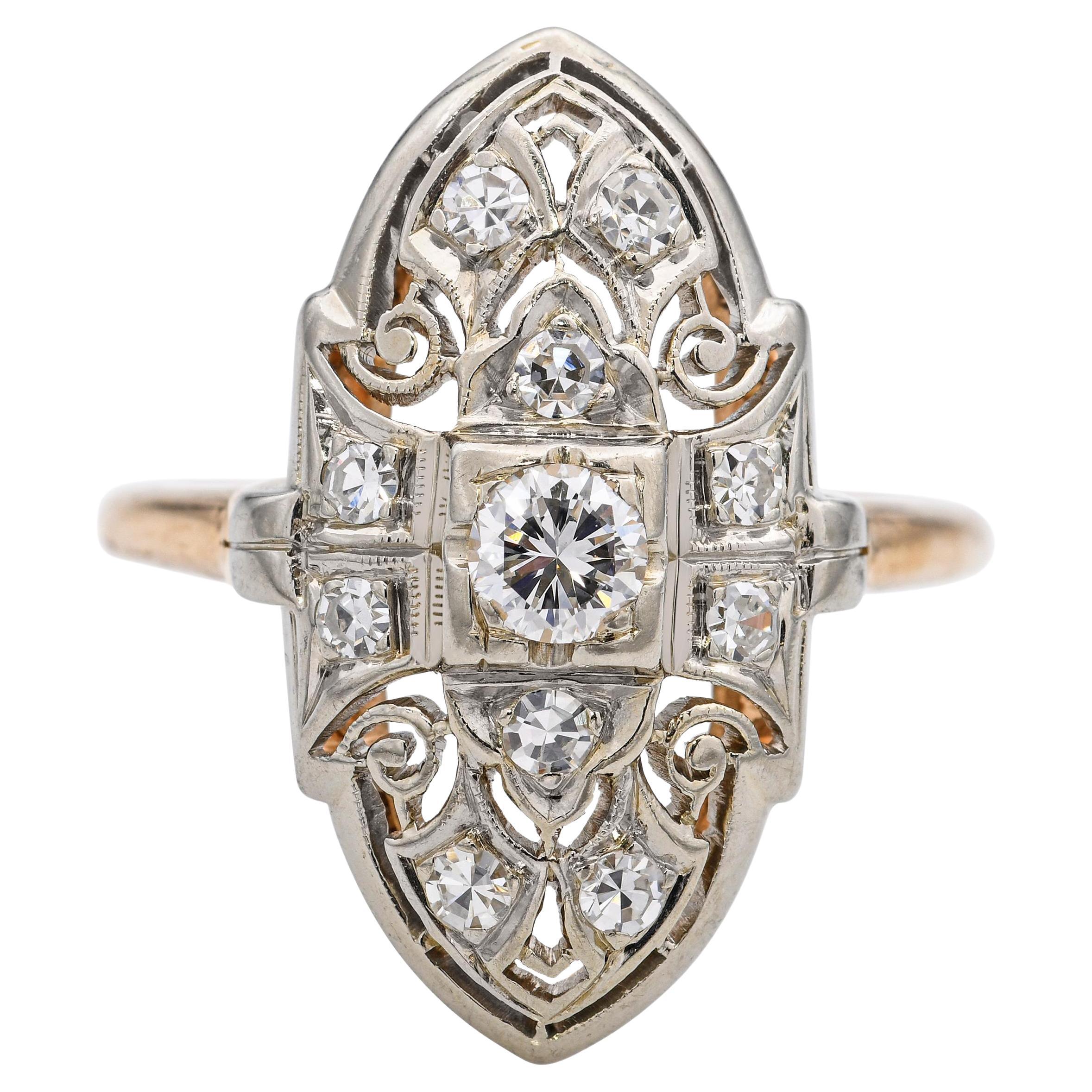 Vintage Granat Bros 14k Yellow and 18k White Gold Diamond Dinner Ring For Sale