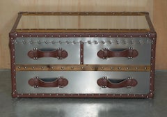 VINTAGE GRAND ALUMINIUM & BROWN LEATHER AViATOR COFFEE TABLE STORAGE TRUNK CHEST