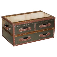 VINTAGE GRAND ALUMINIUM & BROWN LEATHER AViATOR COFFEE TABLE STORAGE TRUNK CHEST