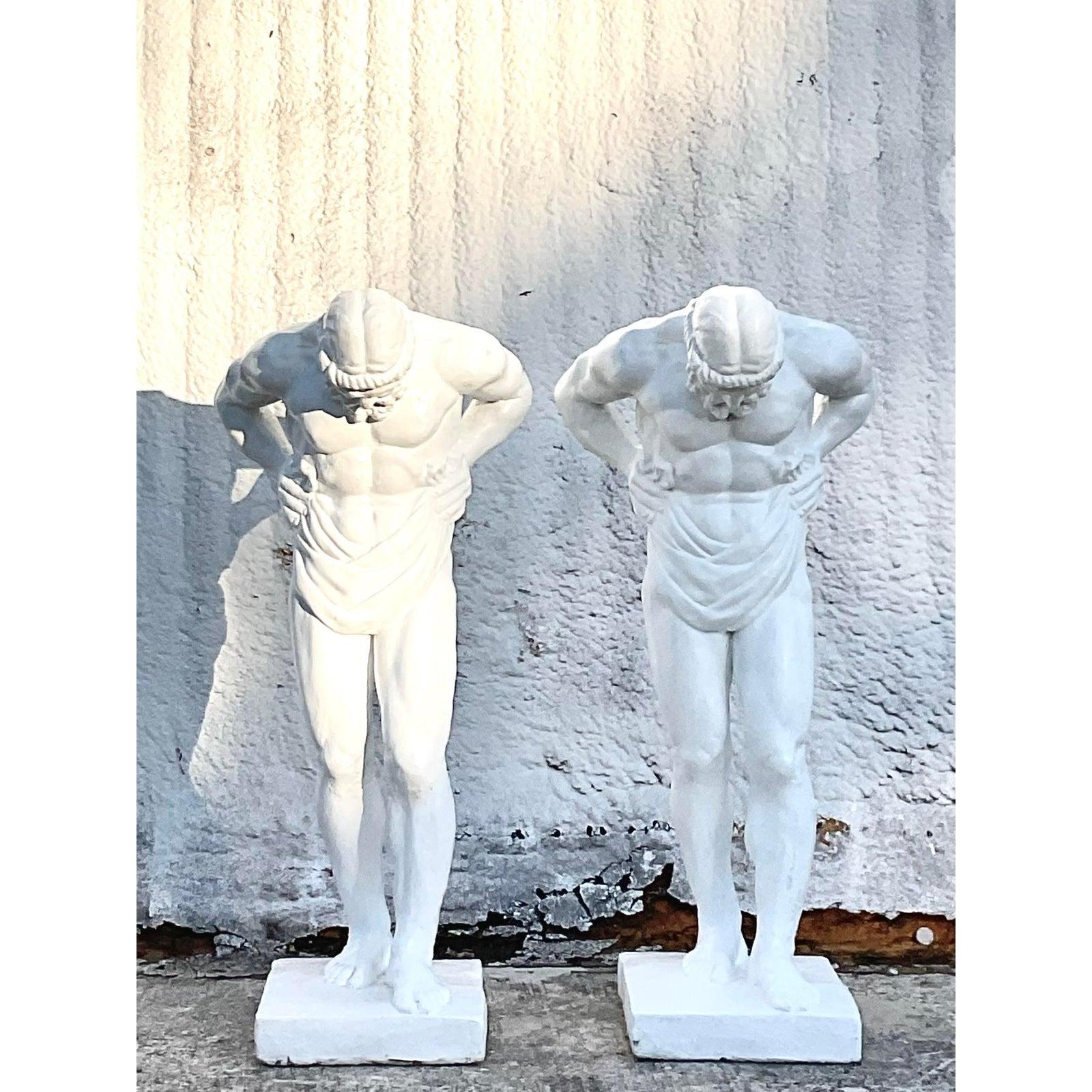 Vintage Grand Tour Painted Concrete Hercules Pedestal- a Pair In Good Condition For Sale In west palm beach, FL