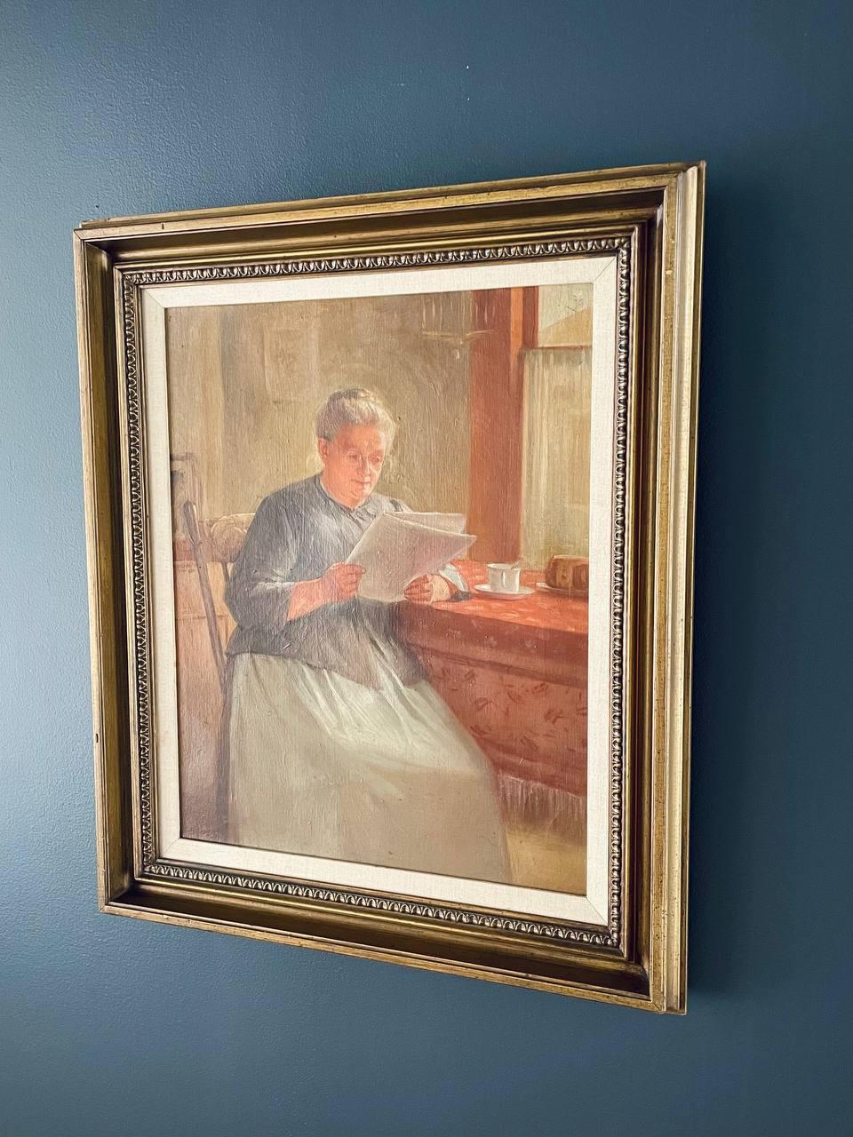 Cuadro al óleo de la abuela vintage con marco de madera dorada Otro en venta