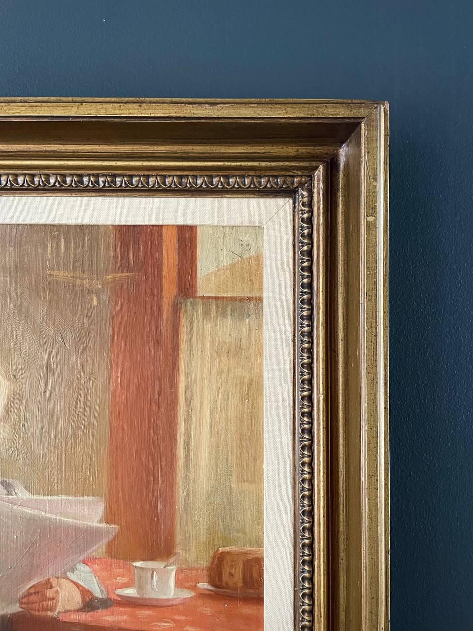 Cuadro al óleo de la abuela vintage con marco de madera dorada mediados del siglo XX en venta
