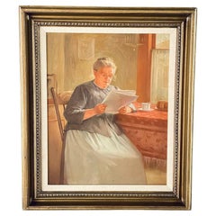 Peinture à l'huile ancienne de grand-mère avec cadre en bois doré