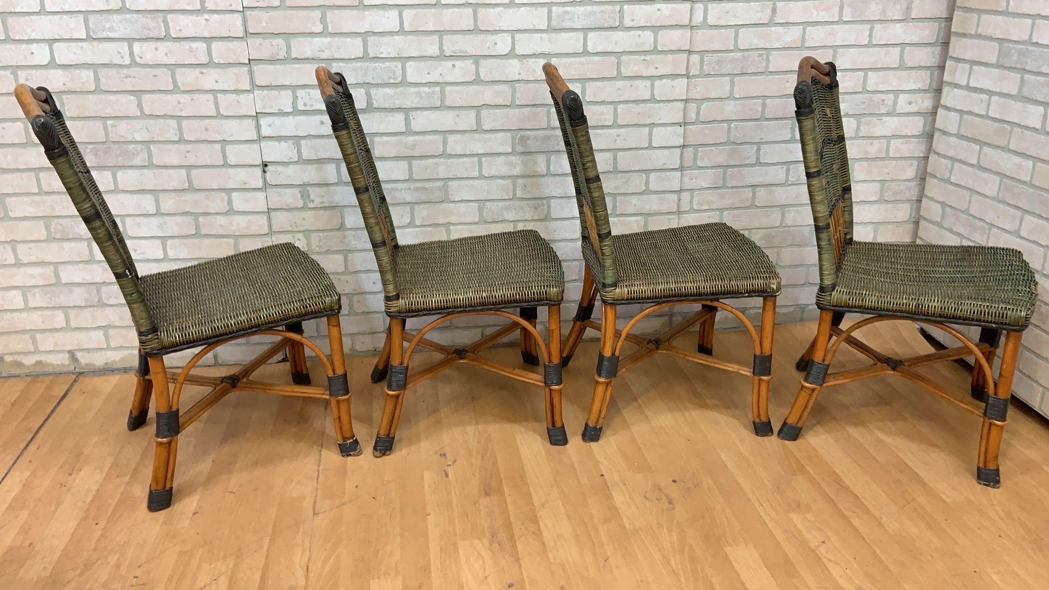 Vintage Grange stained rattan and wood dining or patio chairs - set of 4 

A stunning rustic set of 4 Grange rattan side chairs from the 1970s having an inviting color combination of natural honey colored wood with dark and light green on seats.