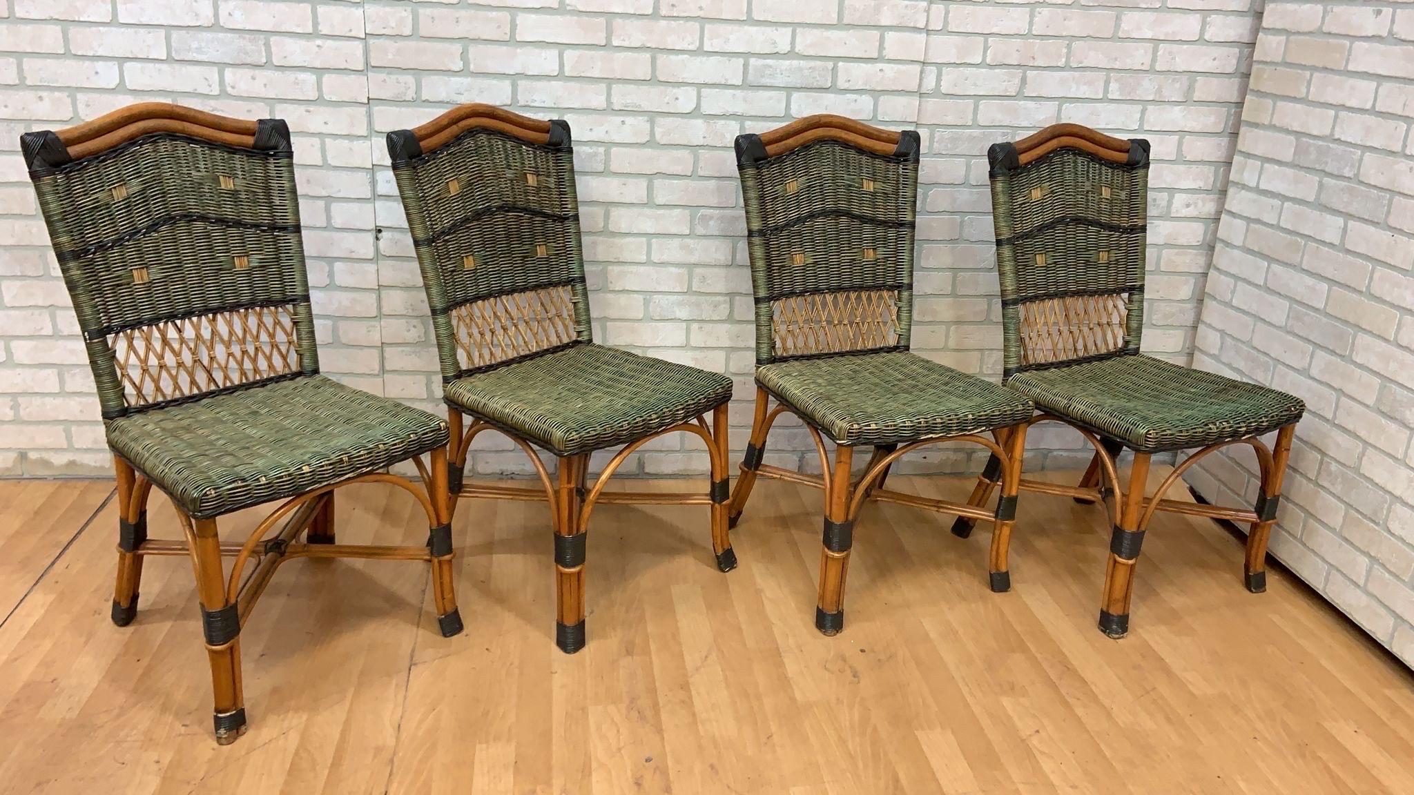 Rustic Vintage Grange Stained Rattan and Wood Dining or Patio Chairs, Set of 4