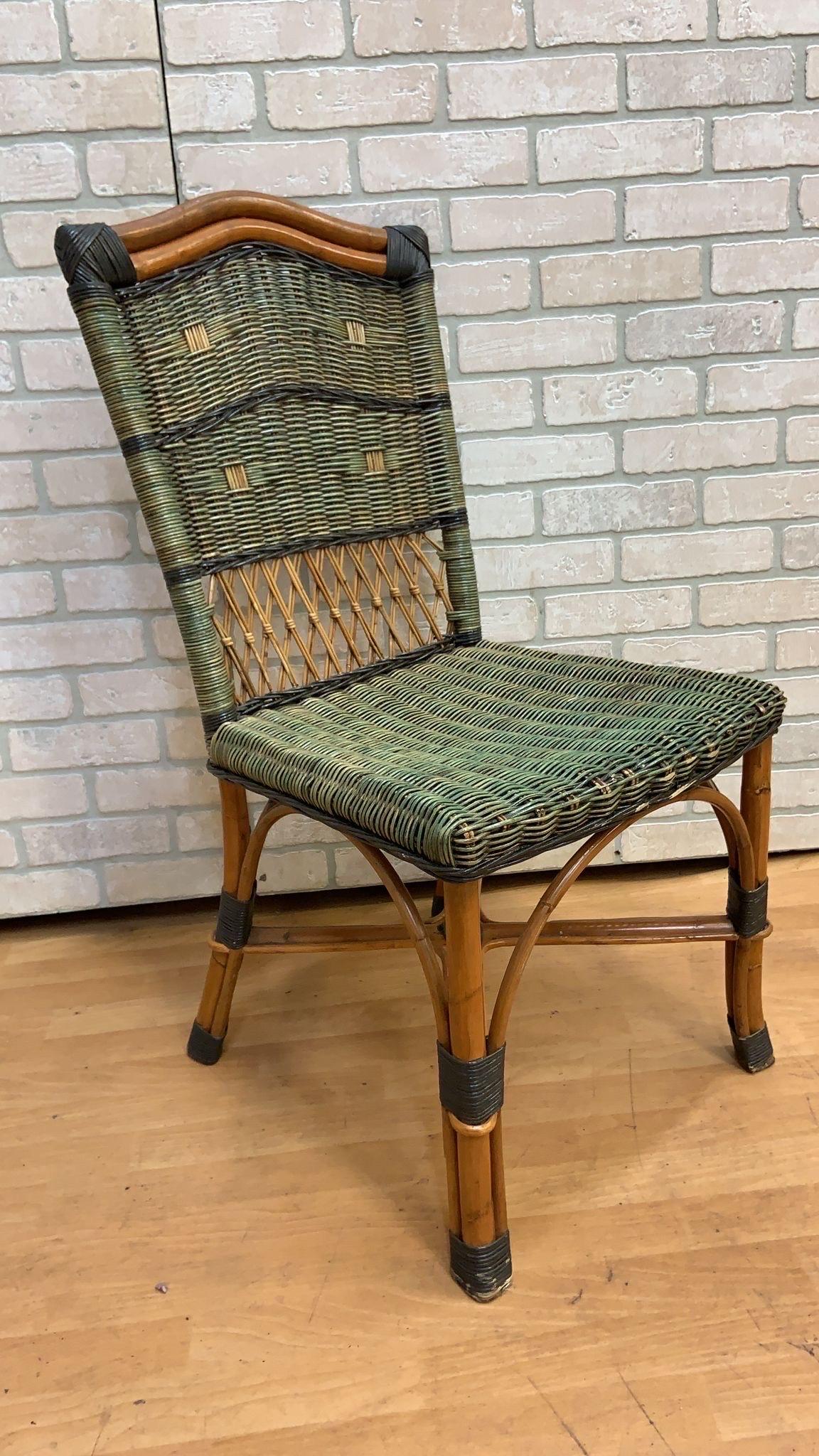 American Vintage Grange Stained Rattan and Wood Dining or Patio Chairs, Set of 4
