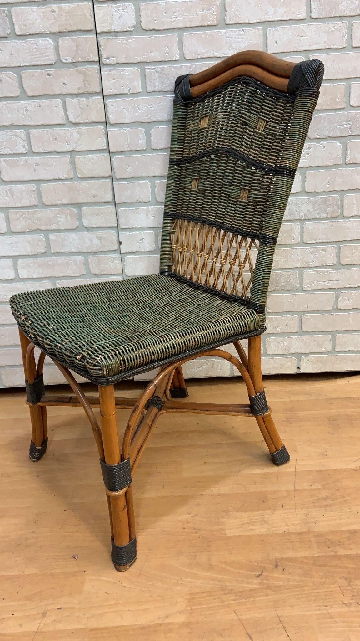Hand-Crafted Vintage Grange Stained Rattan and Wood Dining or Patio Chairs, Set of 4