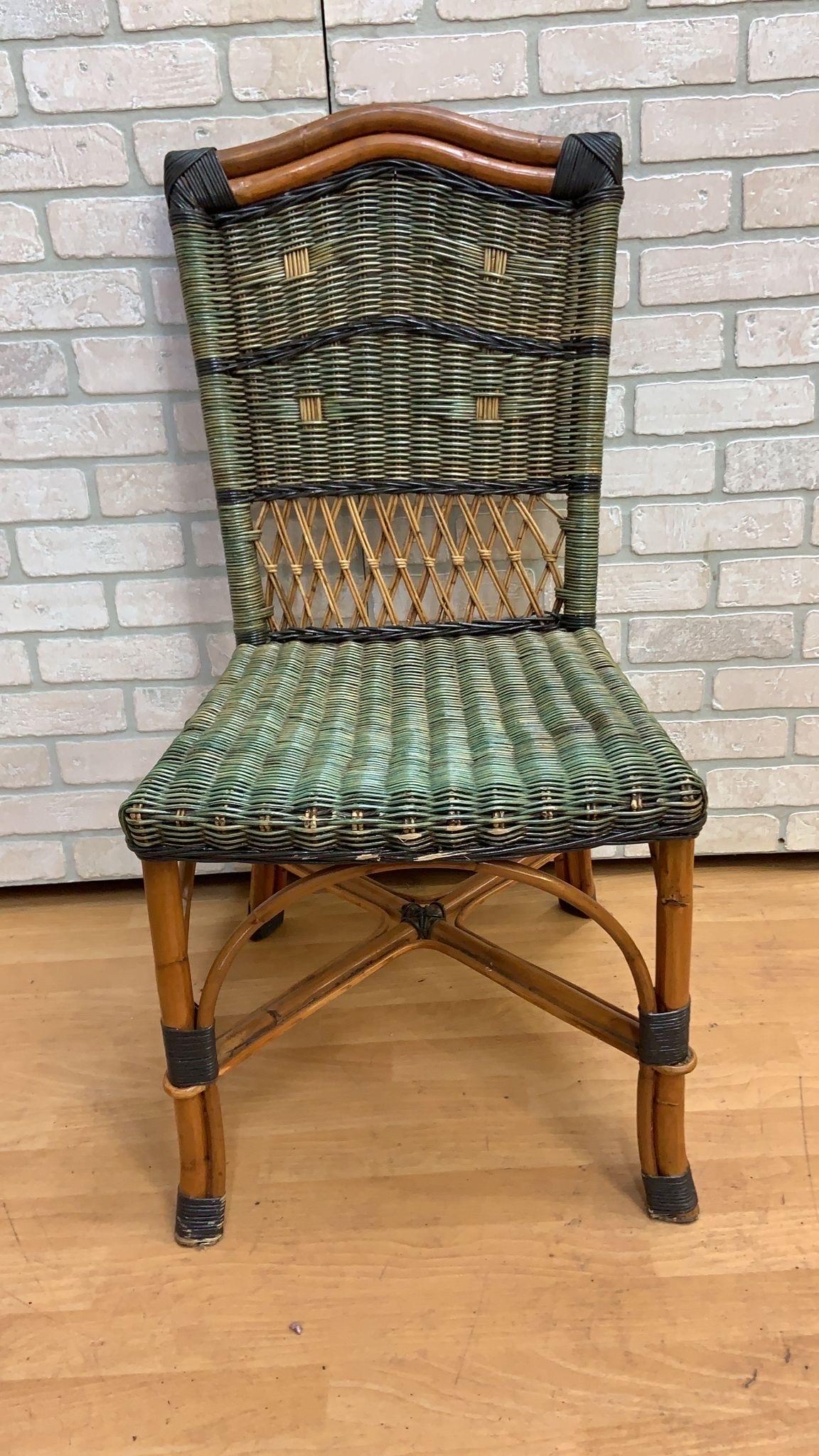Vintage Grange Stained Rattan and Wood Dining or Patio Chairs, Set of 4 In Good Condition In Chicago, IL