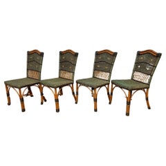 Vintage Grange Stained Rattan and Wood Dining or Patio Chairs, Set of 4 