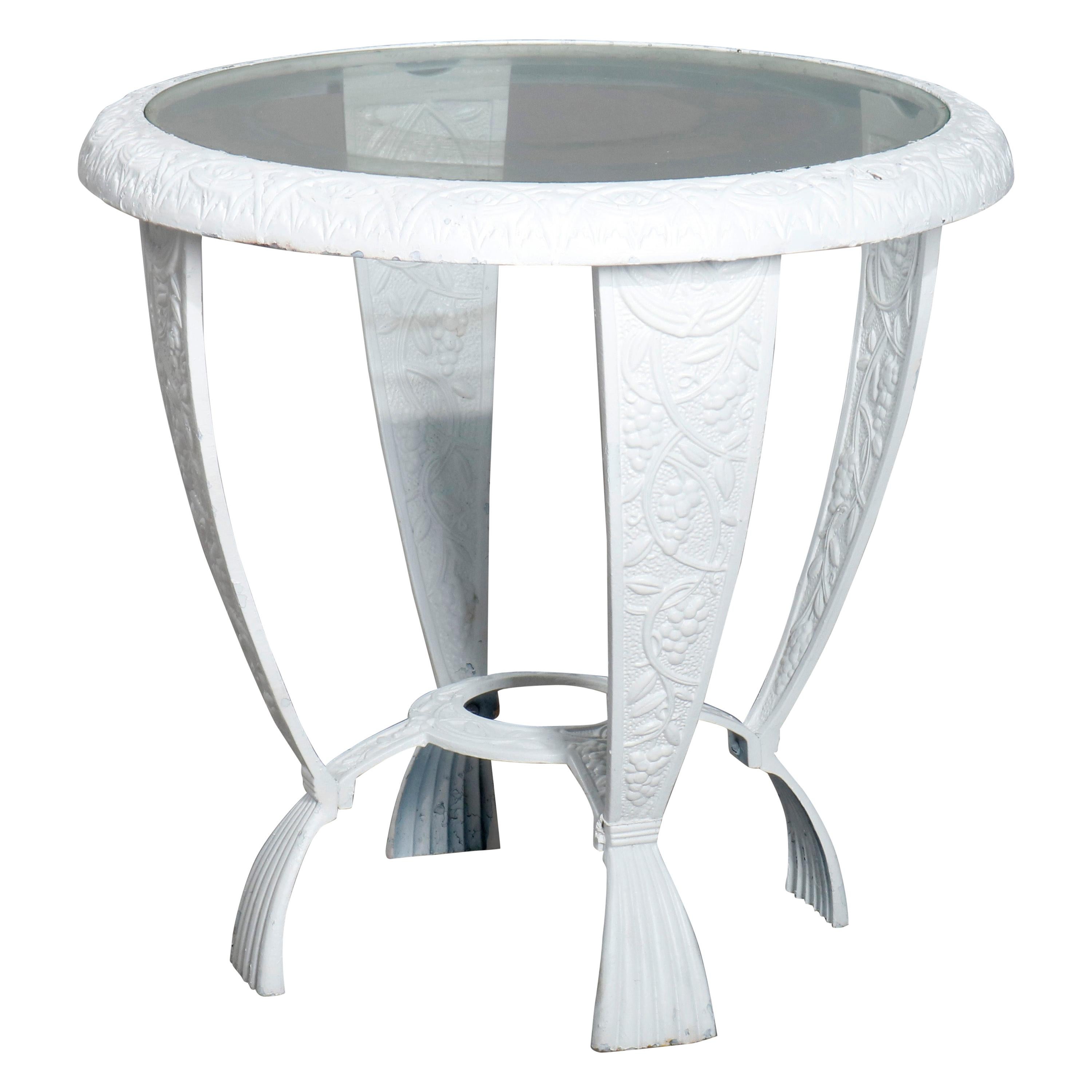 Vintage Grape and Leaf Cast Iron Glass Top Patio Side Table, circa 1940