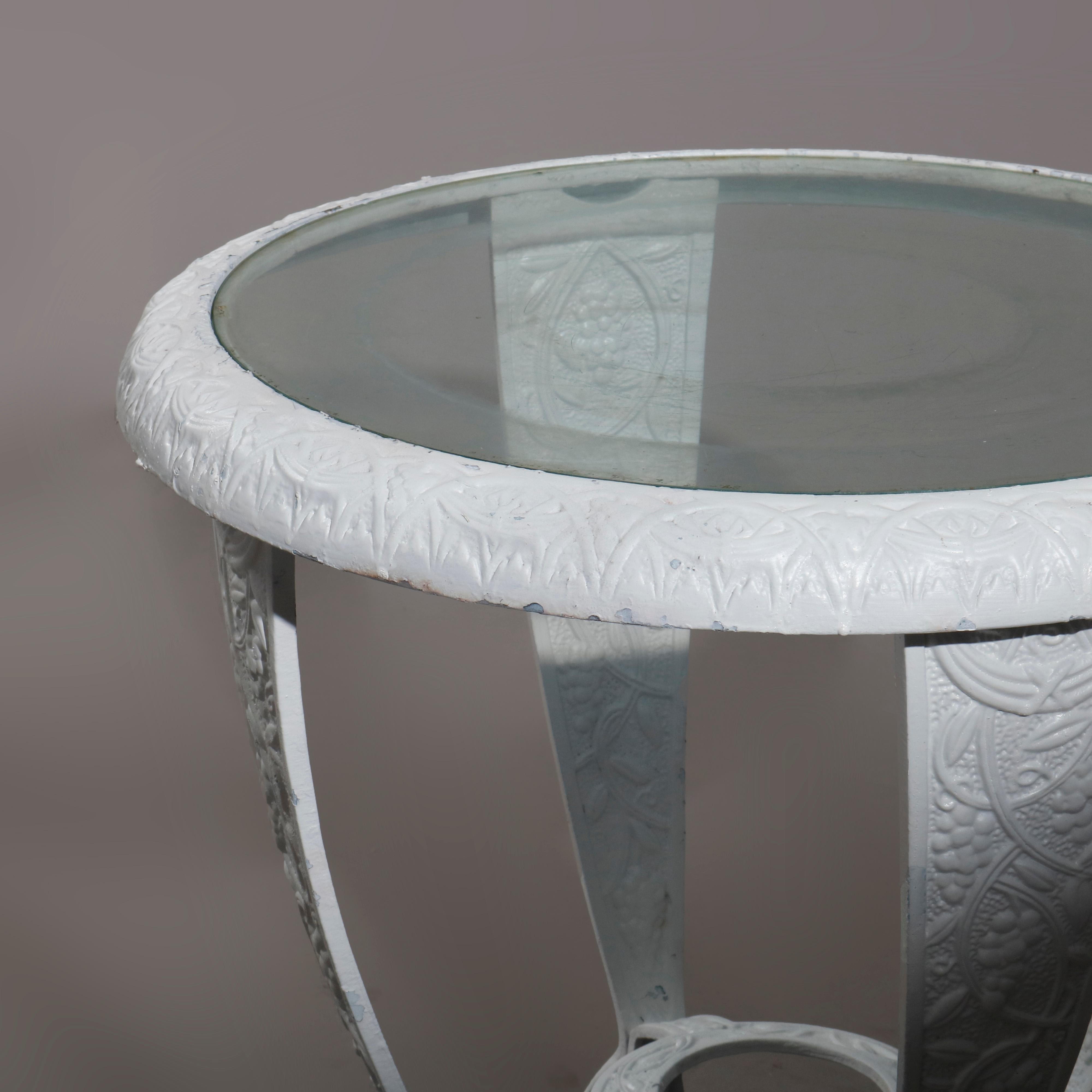 American Vintage Grape and Leaf Cast Iron Glass Top Patio Side Table, circa 1940