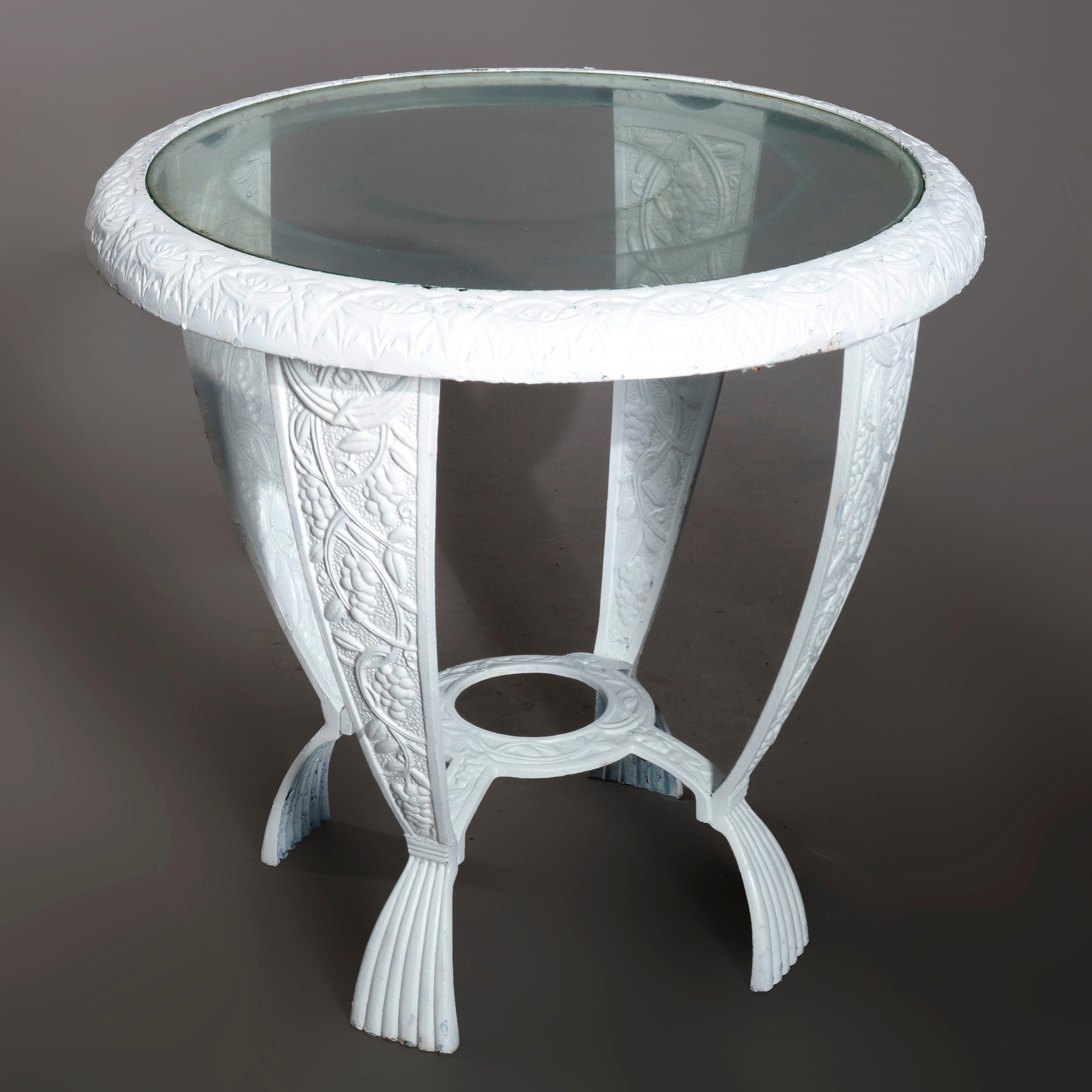 Vintage Grape and Leaf Cast Iron Glass Top Patio Side Table, circa 1940 1