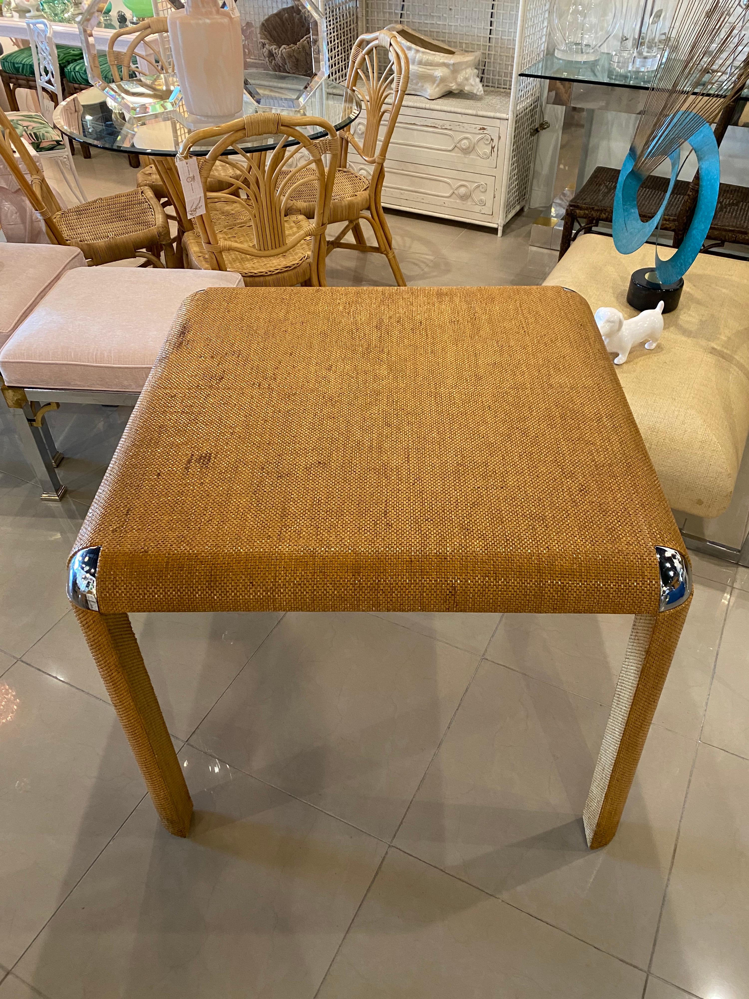 Vintage Grasscloth & Chrome Game or Dining Square Table 1