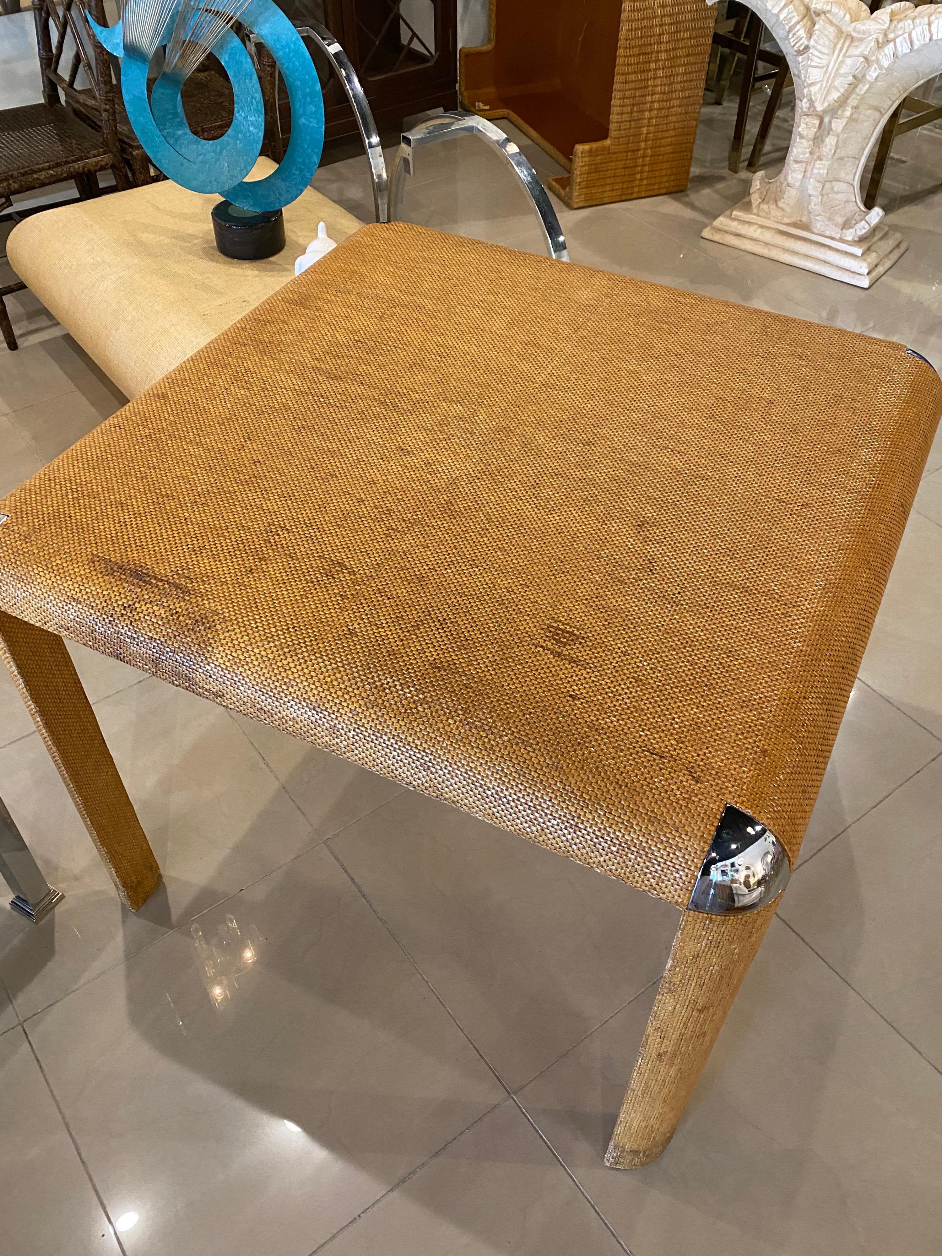 Vintage Grasscloth & Chrome Game or Dining Square Table 2