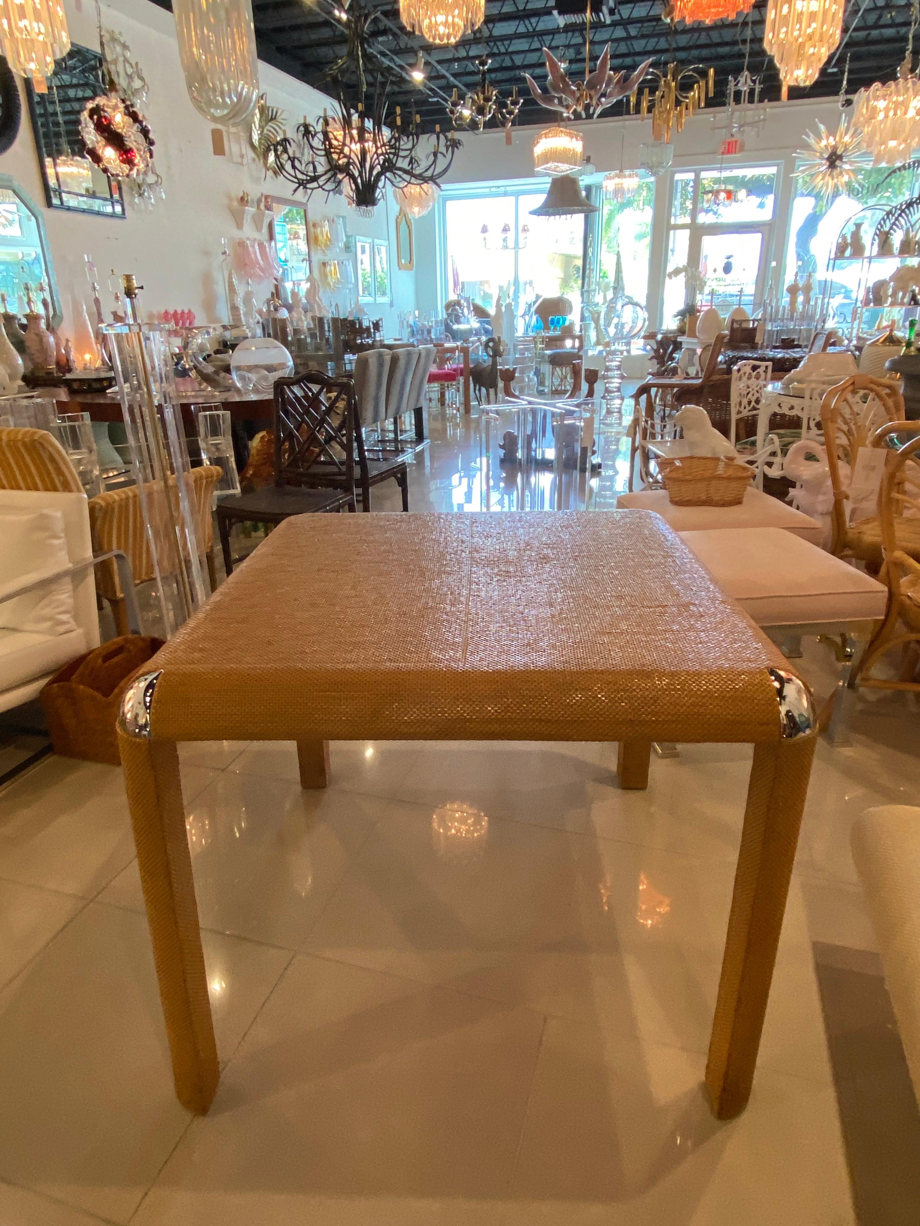 Vintage Grasscloth & Chrome Game or Dining Square Table 3