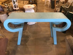 Table console vintage en toile de gazon laquée Aqua Blue par Alessandro pour Baker
