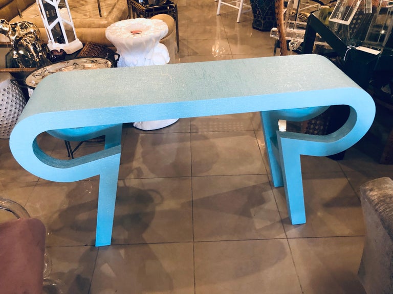 Vintage Grasscloth Lacquered Aqua Blue Console Table by ...
