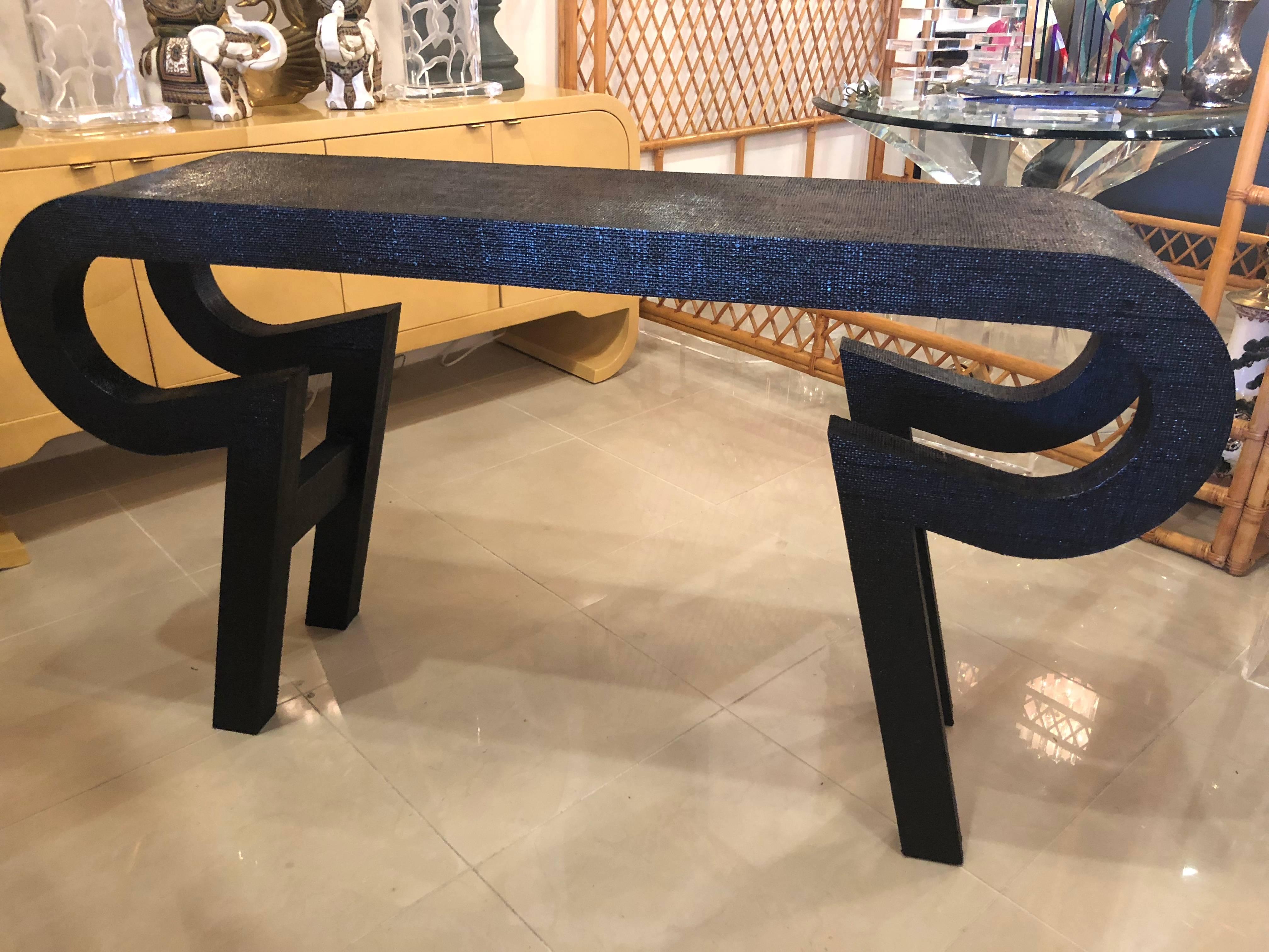 Vintage Grasscloth Lacquered Black Console Table by Alessandro for Baker 3