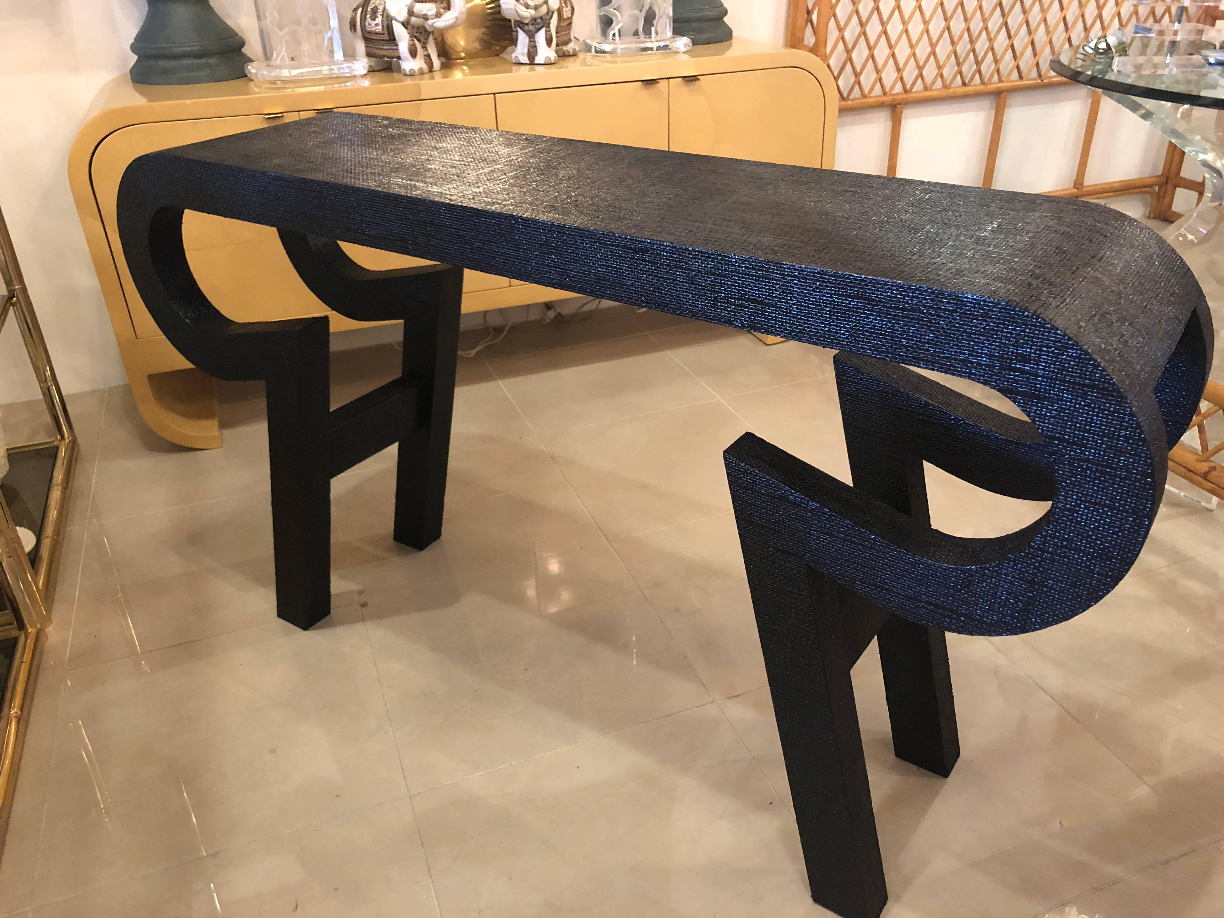 Vintage Grasscloth Lacquered Black Console Table by Alessandro for Baker 4