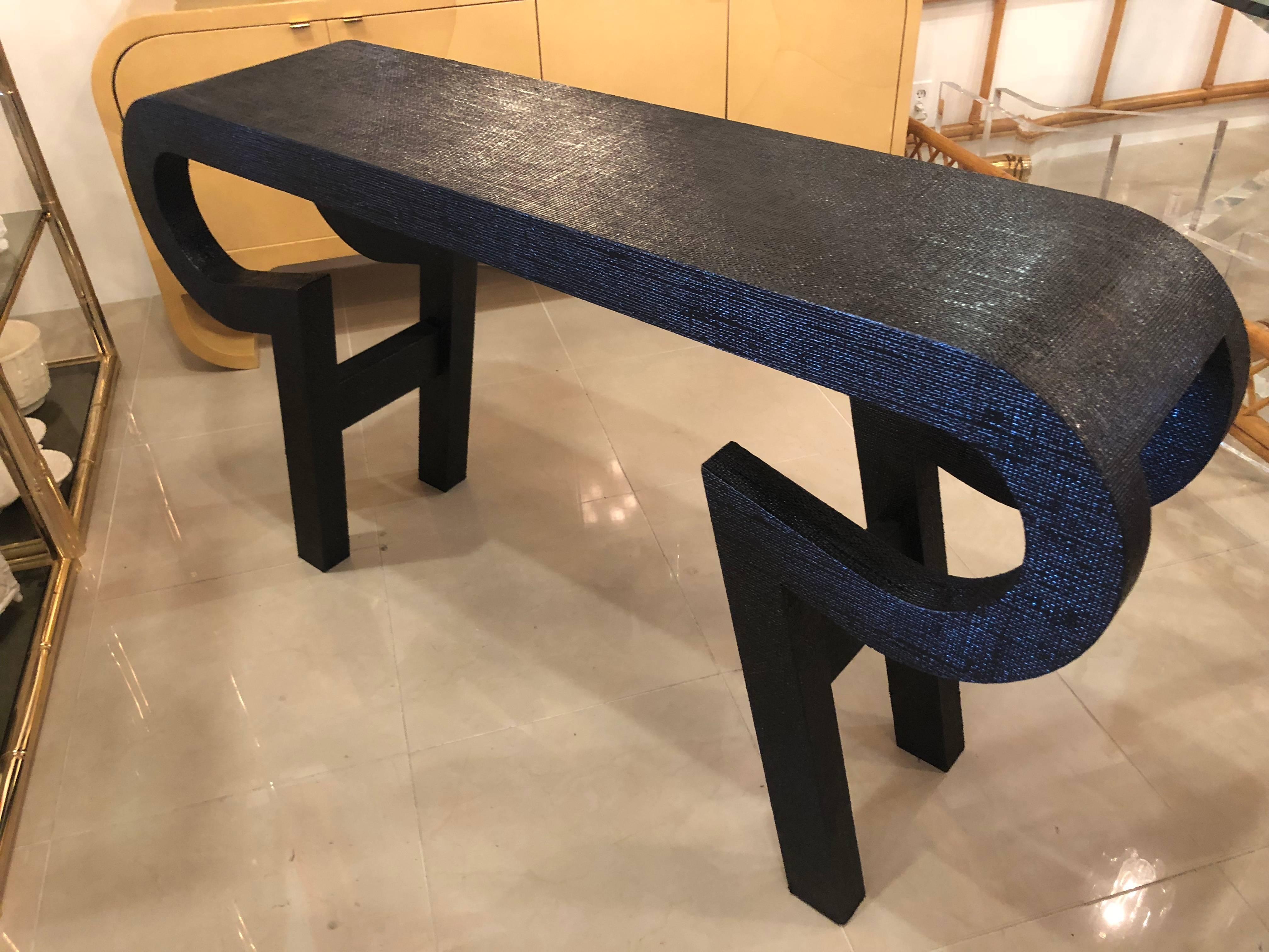 Vintage Grasscloth Lacquered Black Console Table by Alessandro for Baker 2