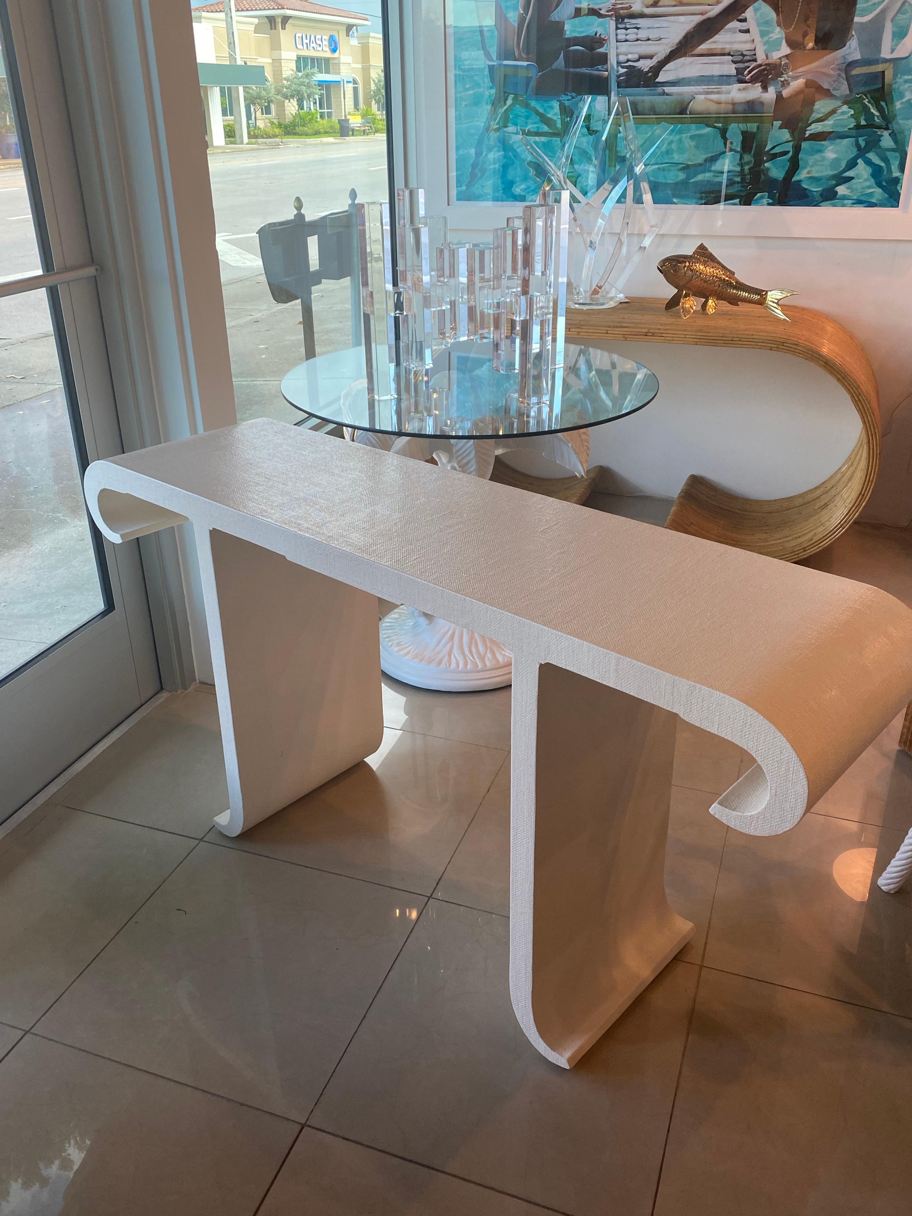 Vintage Grasscloth Lacquered Cream Scroll Ming Console Table Karl Springer Style In Good Condition In West Palm Beach, FL