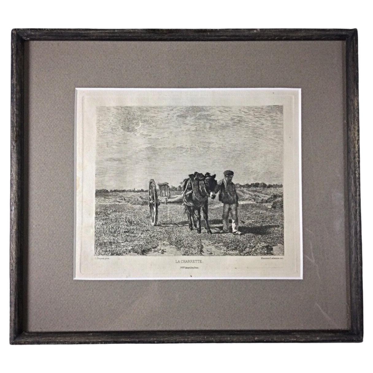 Gravure d'epoca "La Charette" di M. Lallane dopo Troyon, 1860-1880 circa, 2Y113 in vendita