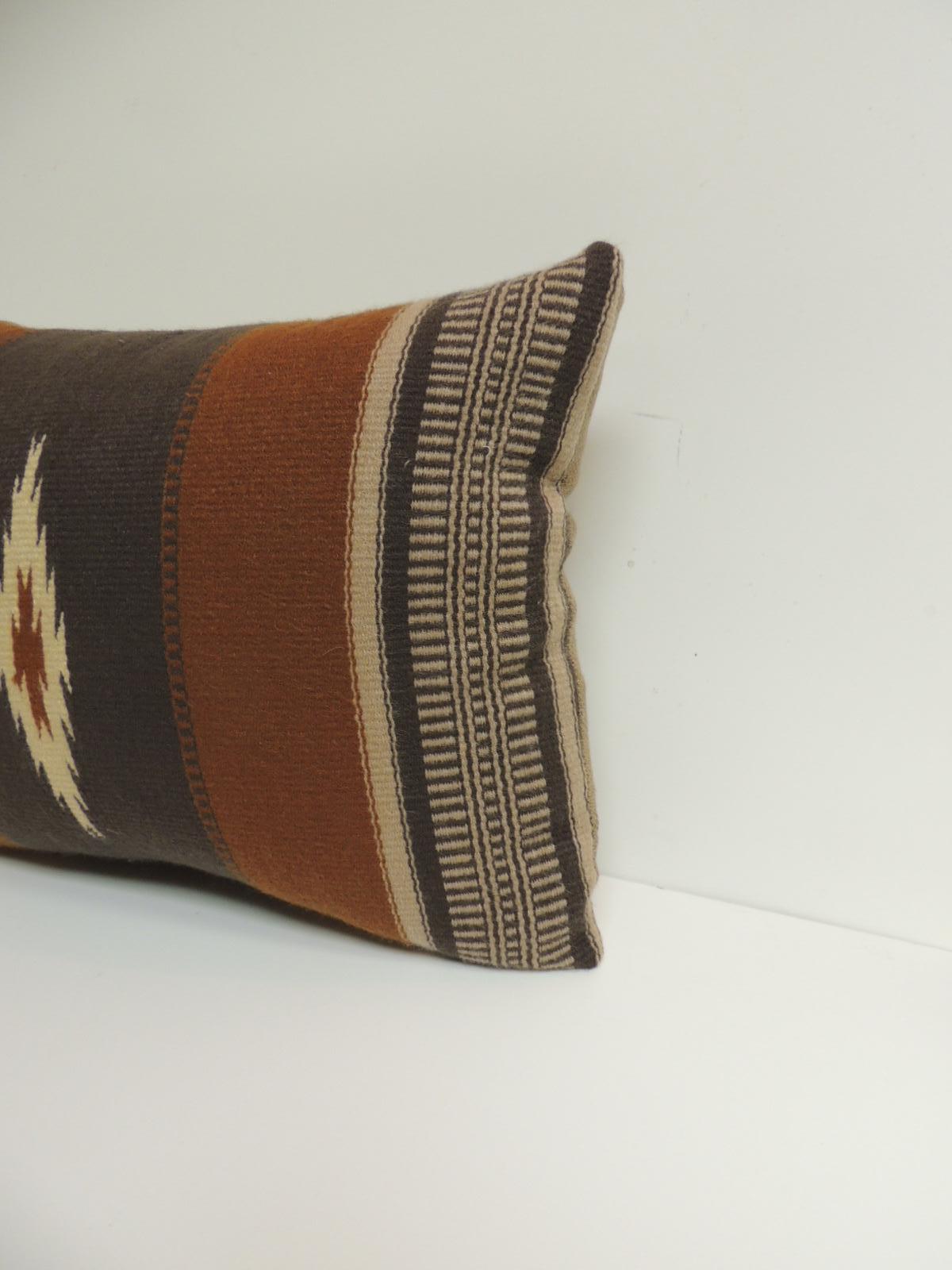 Vintage gray and brown southwestern style woven bolster pillow
Throw bolster vintage woven textile gray and brown in the southwestern style pillow.
Decorative bolster finished with basket weave textured brown wool backing. Throw pillow in shades