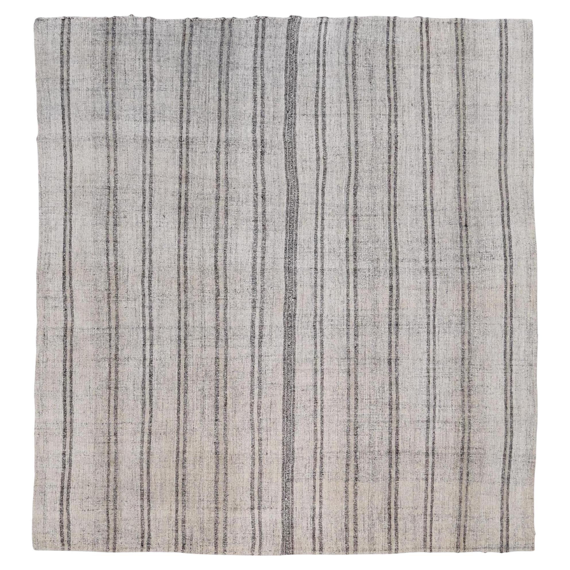 Vintage Gray and Ivory Vertical Striped Wool Kilim 7'6''x8' Circa 1960