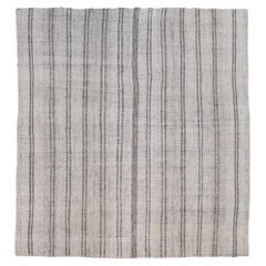 Vintage Gray and Ivory Vertical Striped Wool Kilim 7'6''x8' Circa 1960