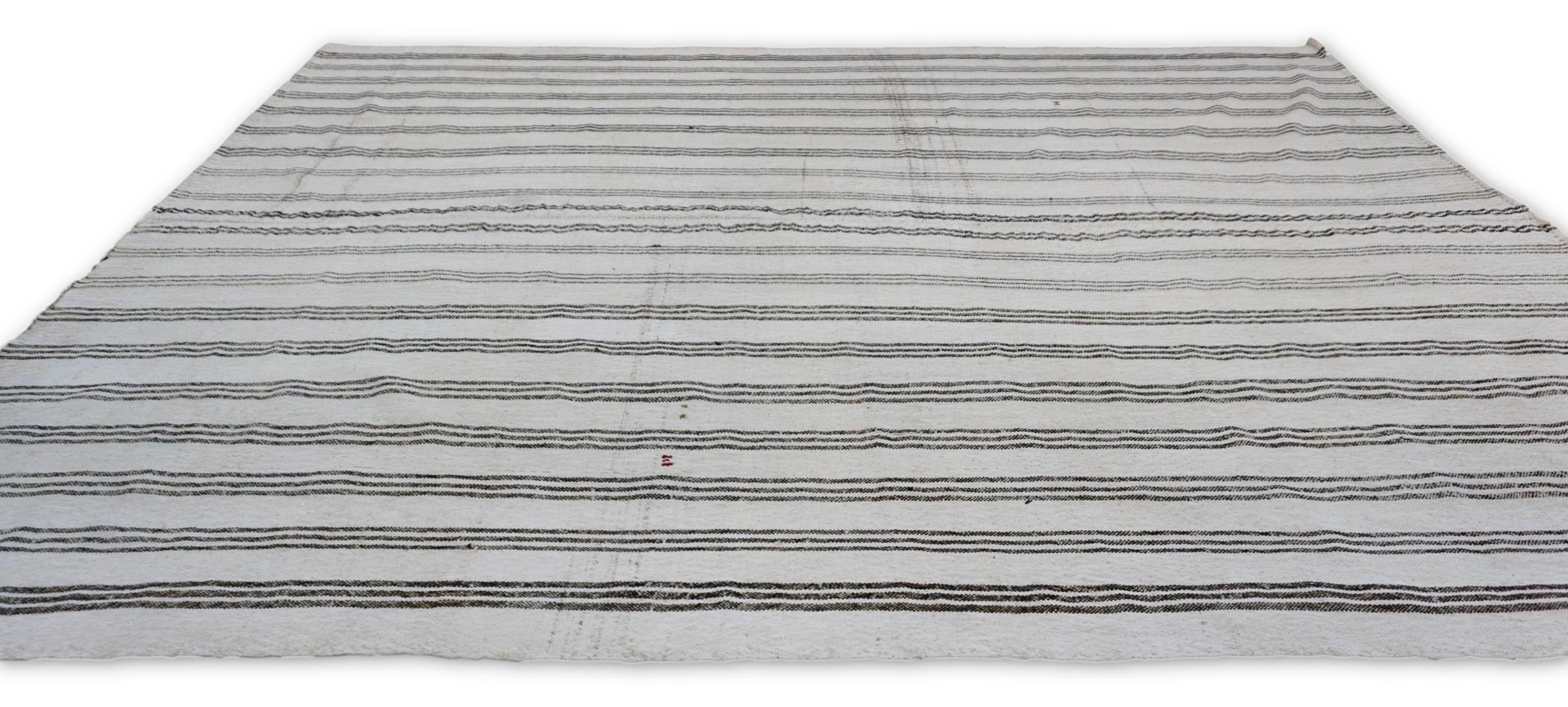 Modern Vintage Gray and Ivory  Vertical stripes Wool Kilim 7'3''x9'3'' For Sale